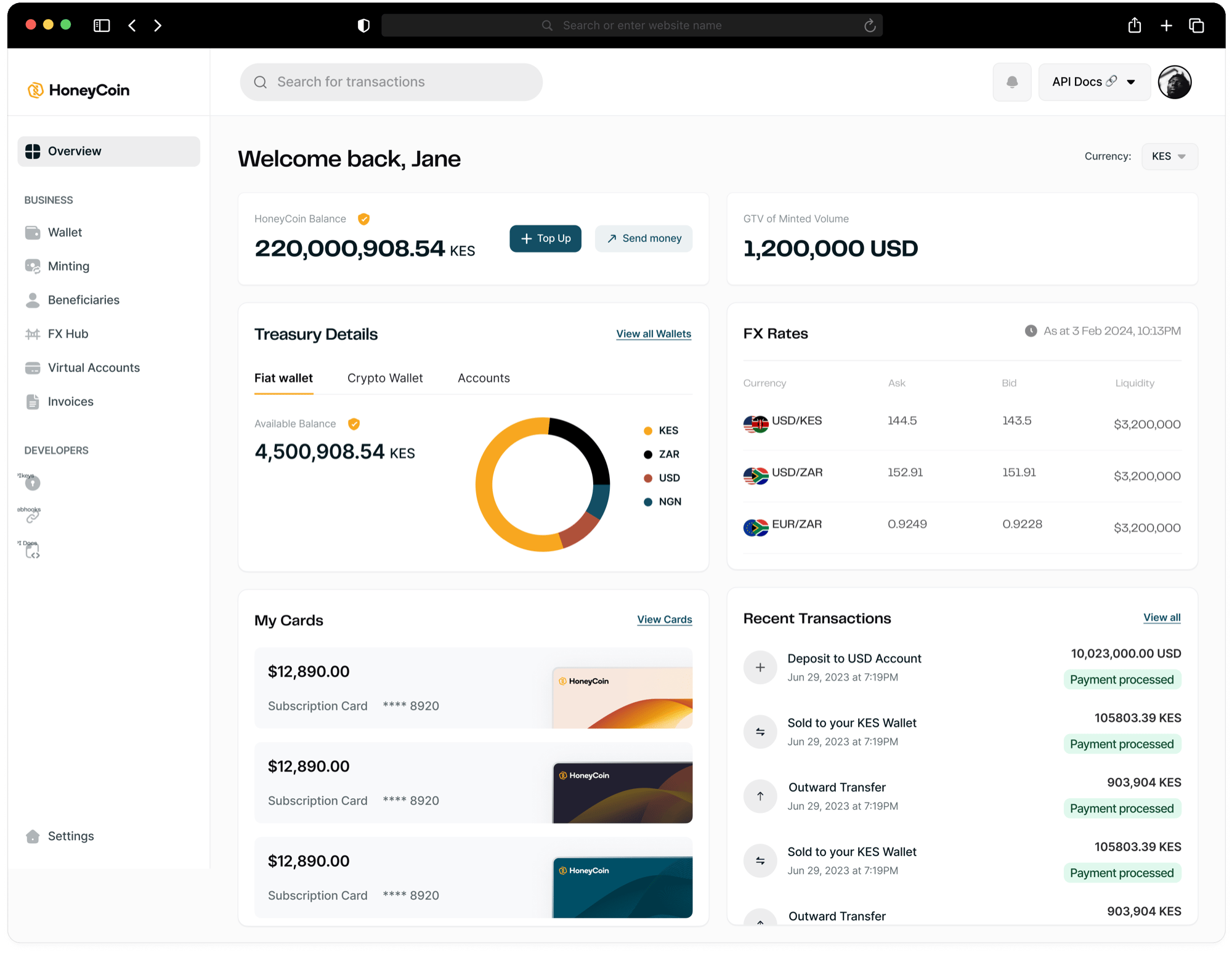 Honeycoin web app dashboard