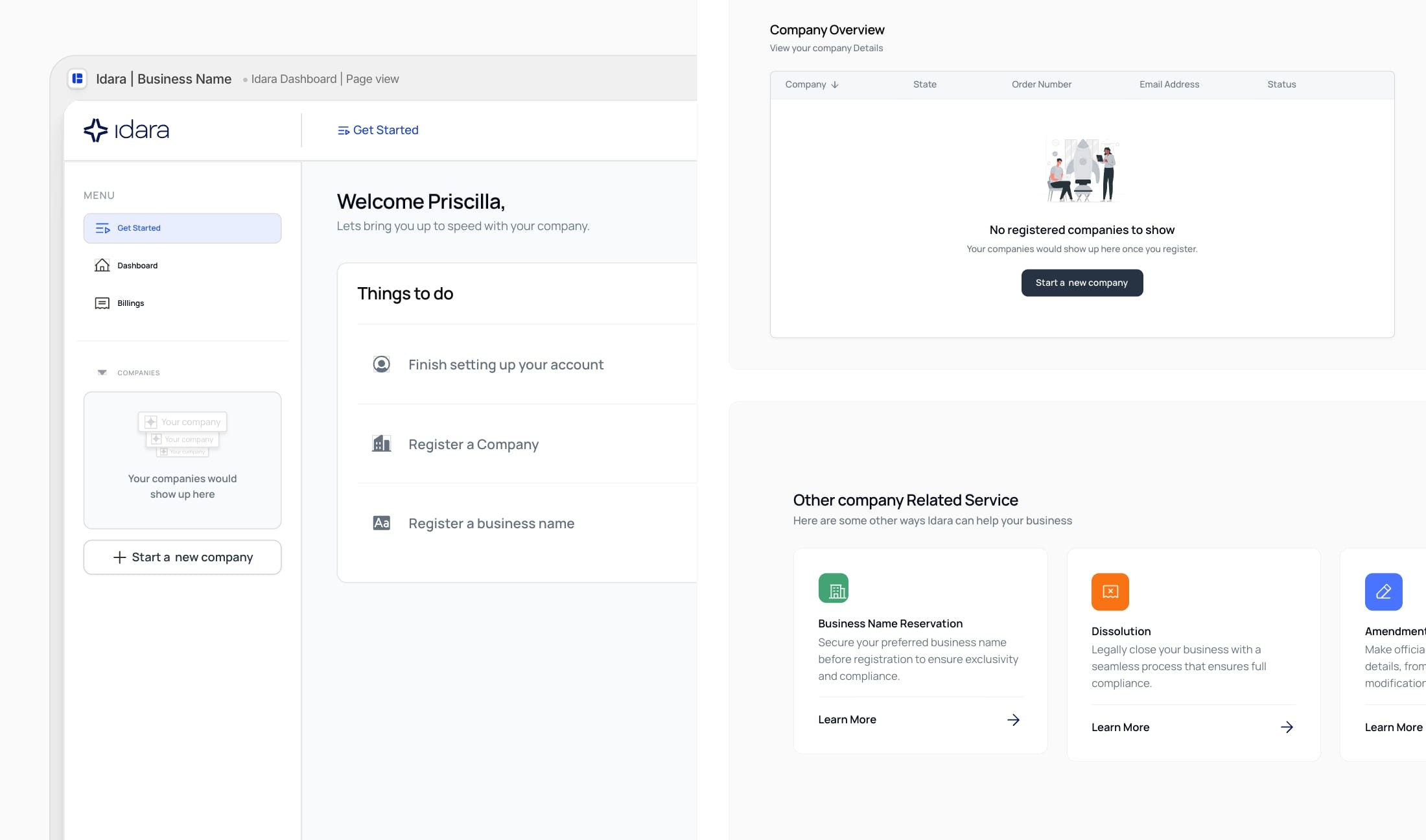 Idara web app: the welcome dashboard and company overview