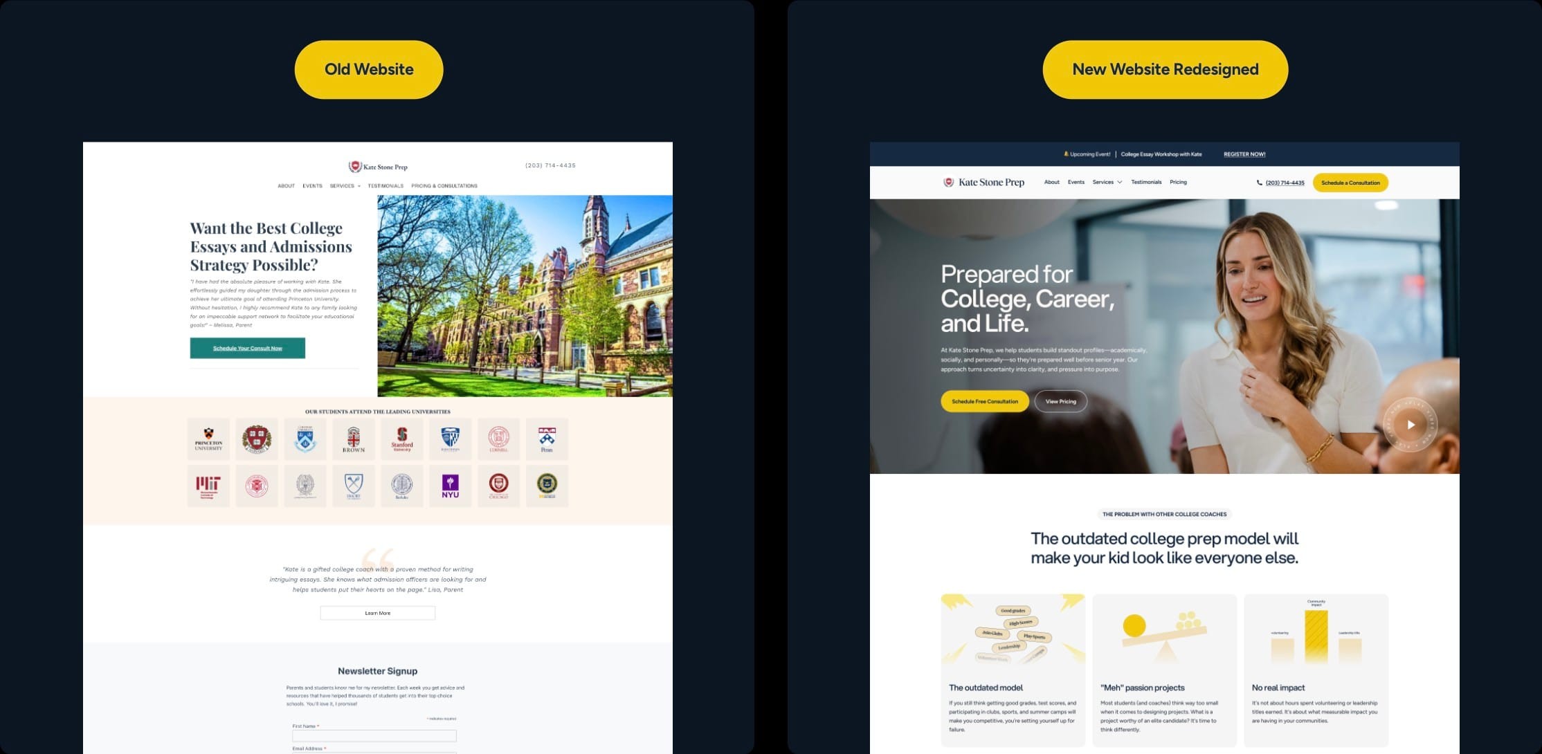 The old Kate Stone Prep website beside the new one