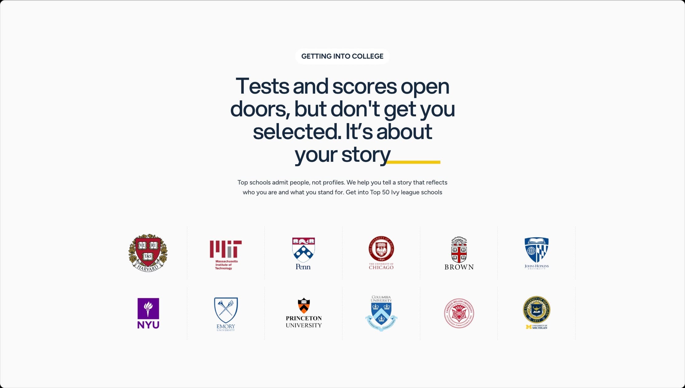 “Tests and scores open doors, but don’t get you selected” with college logos