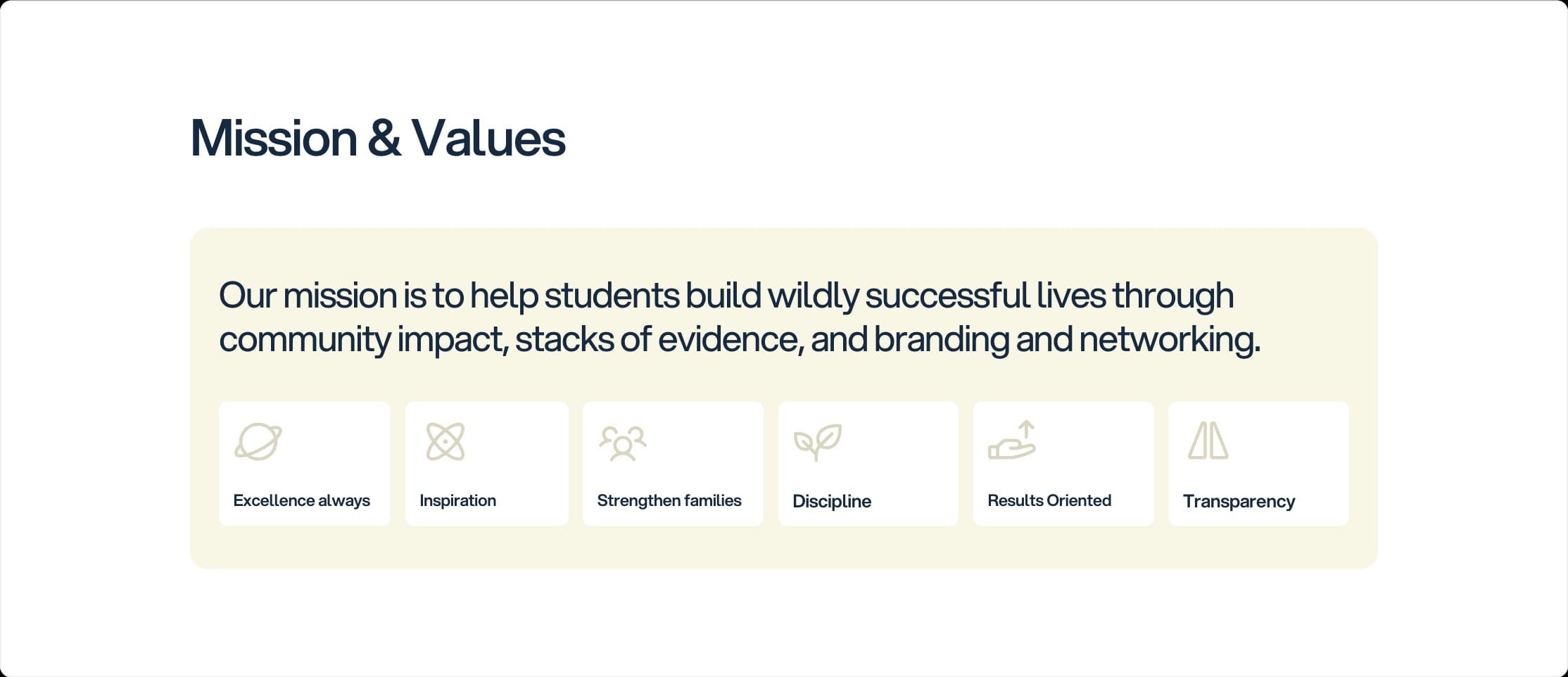 Mission and values section