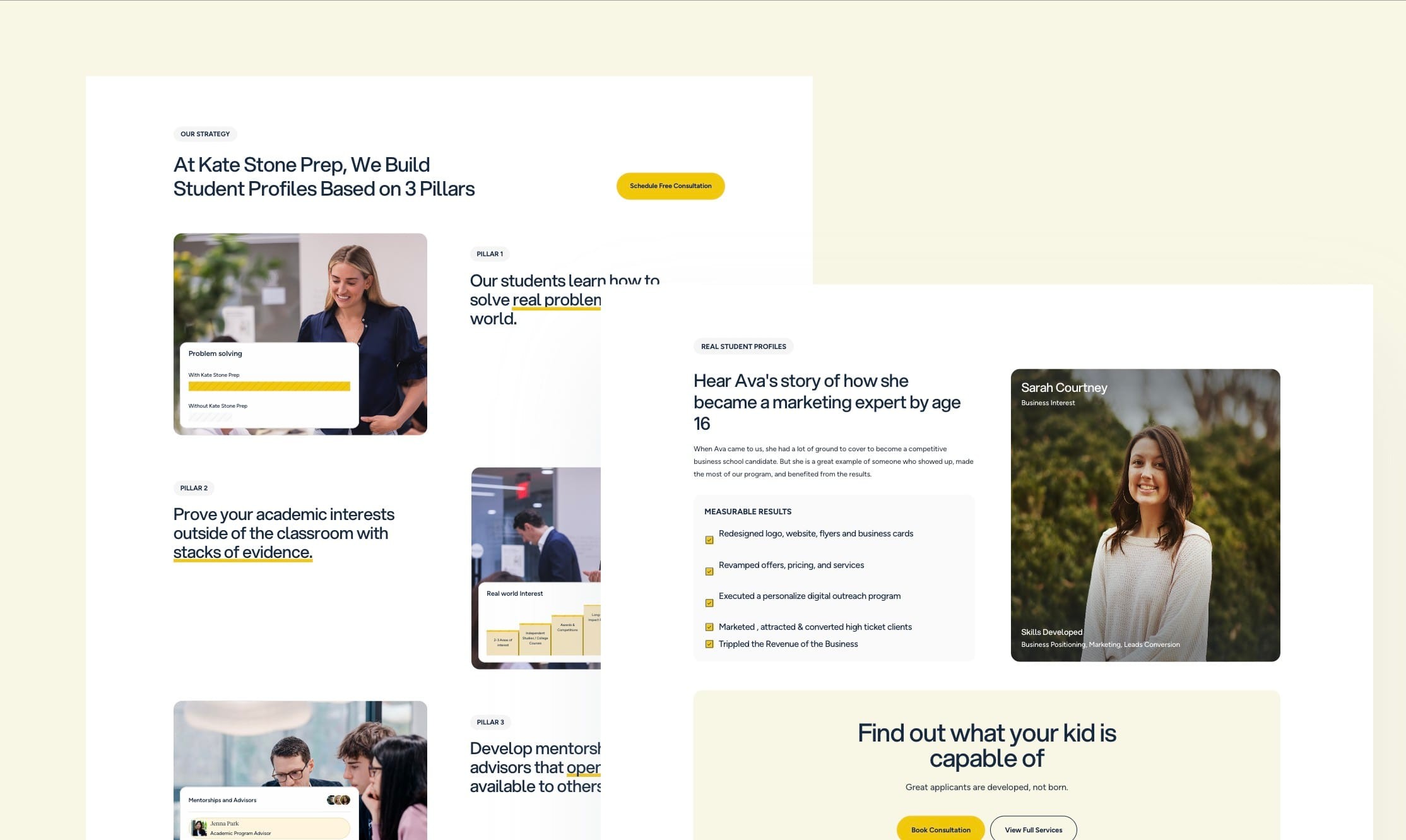The 3 pillars section with student stories