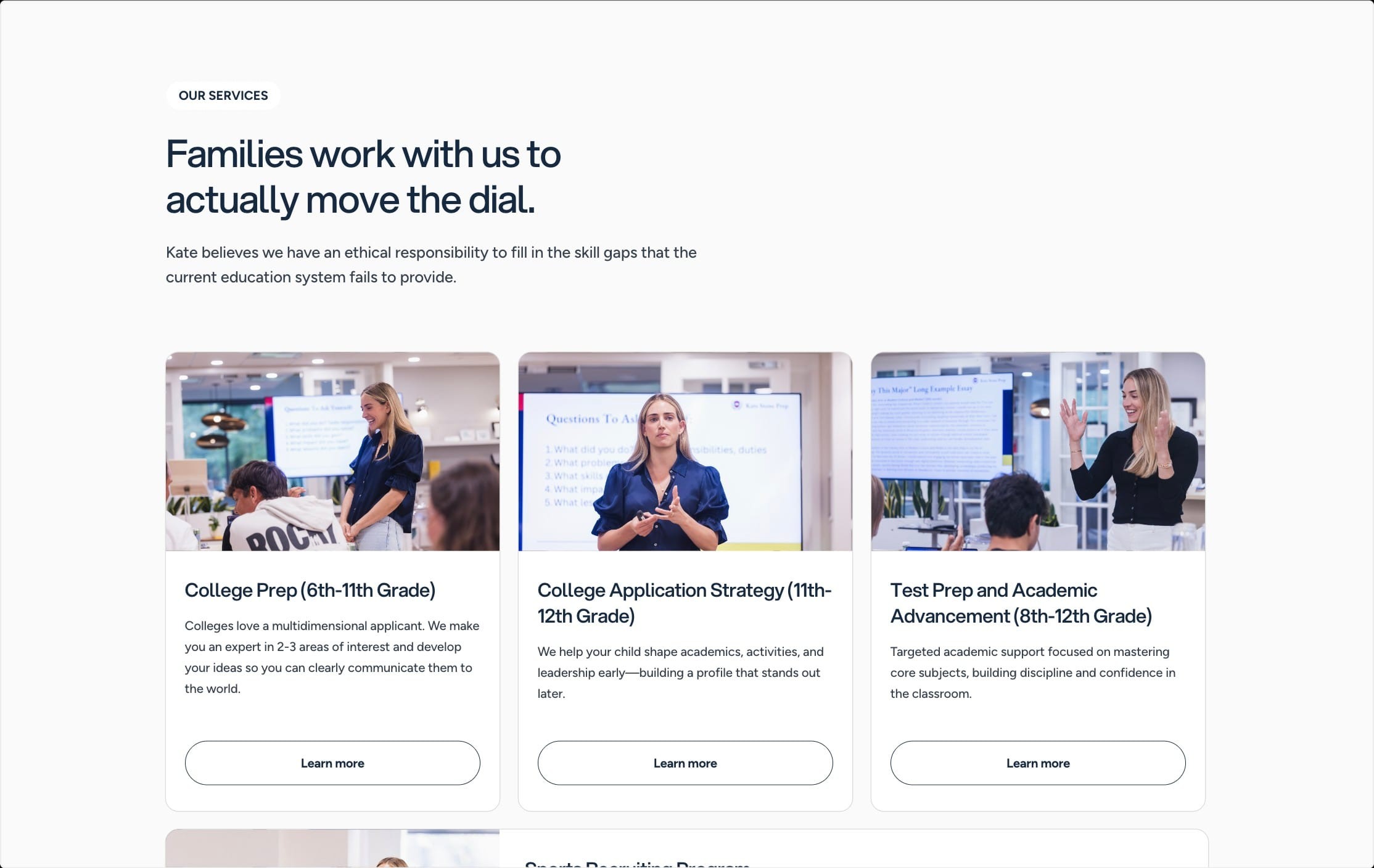 “Families work with us to actually move the dial” services section