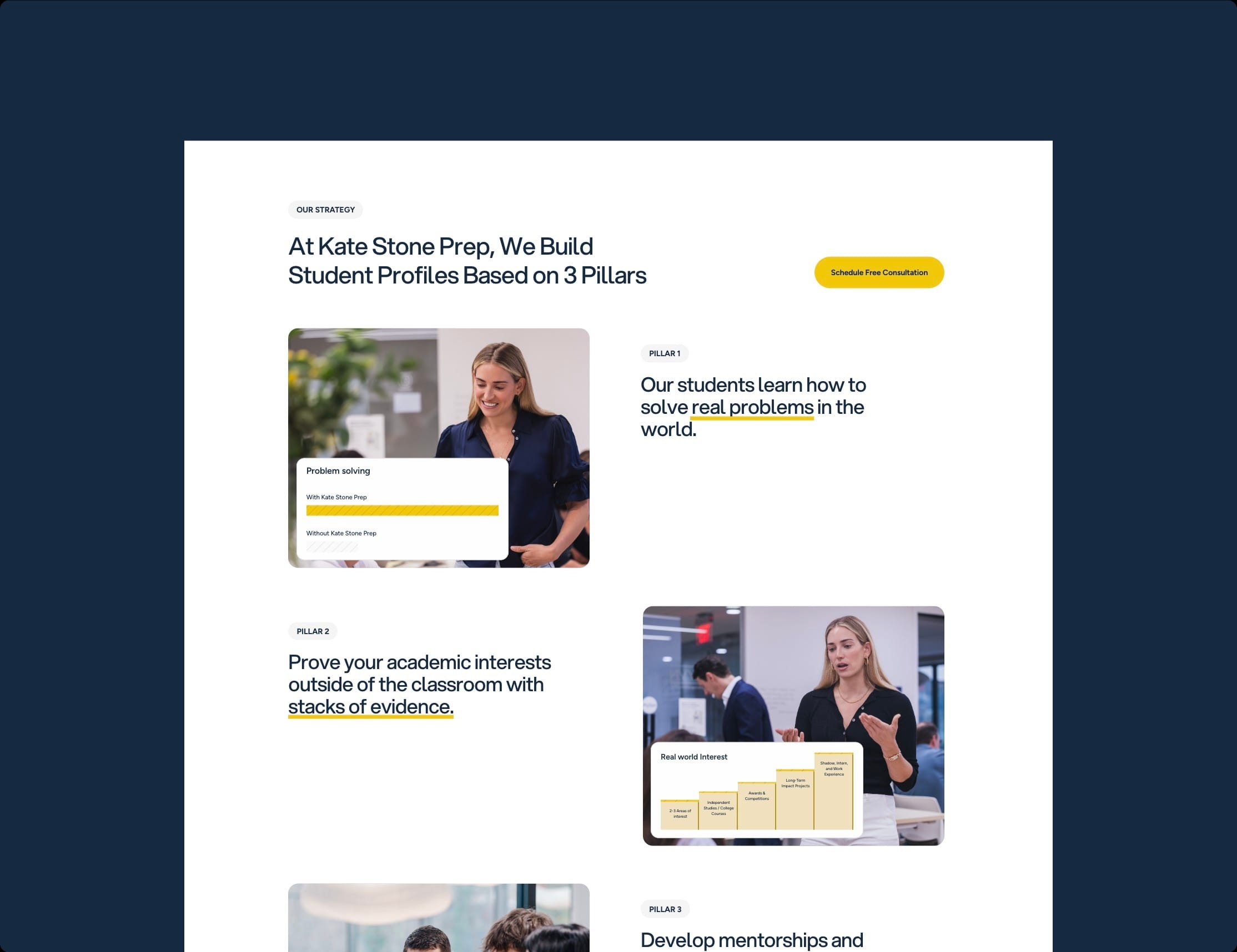“We build student profiles based on 3 pillars” section