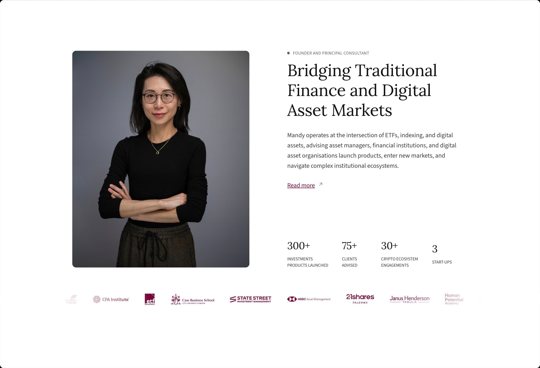 “Bridging traditional finance and digital asset markets” founder section with key numbers and client logos