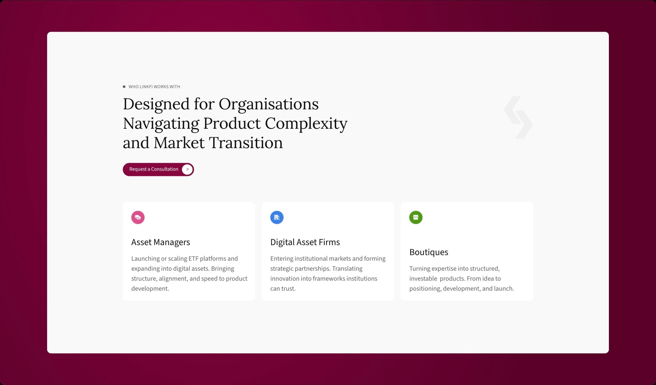 “Designed for organisations navigating product complexity” audience section