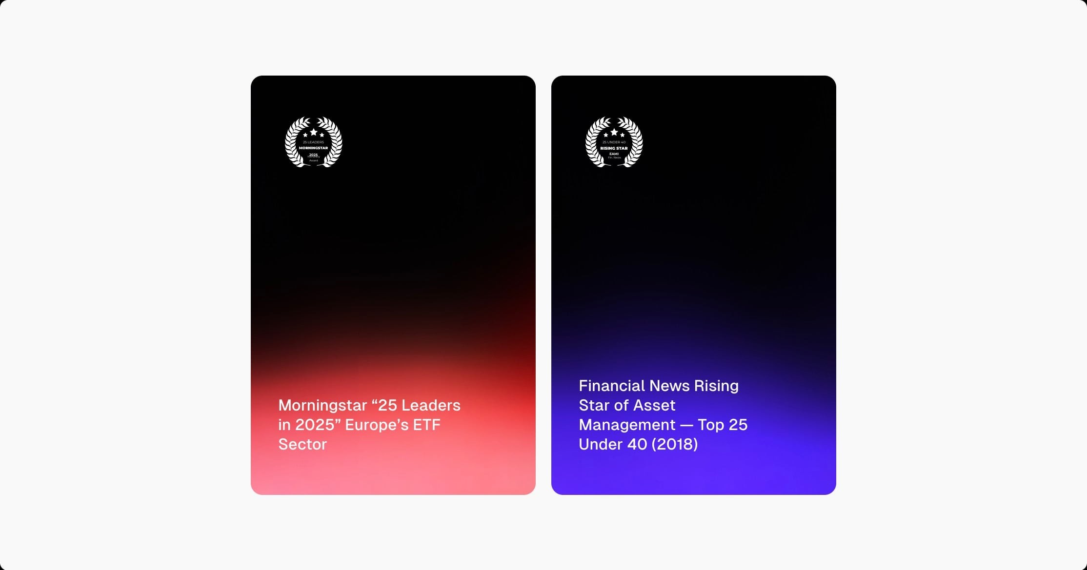 Recognition cards: Morningstar “25 Leaders in 2025” and Financial News Rising Star of Asset Management