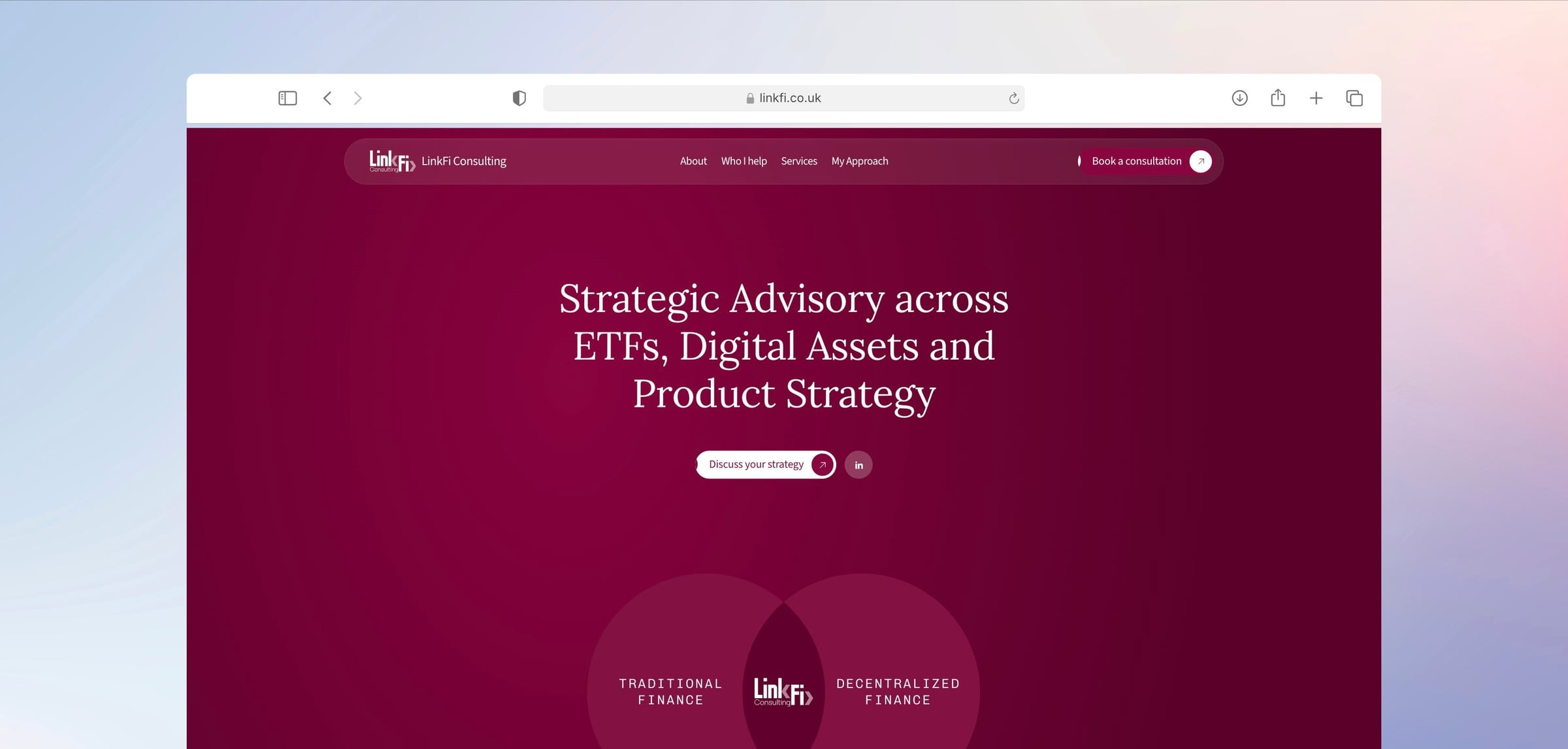 The LinkFi homepage: Strategic advisory across ETFs, digital assets and product strategy