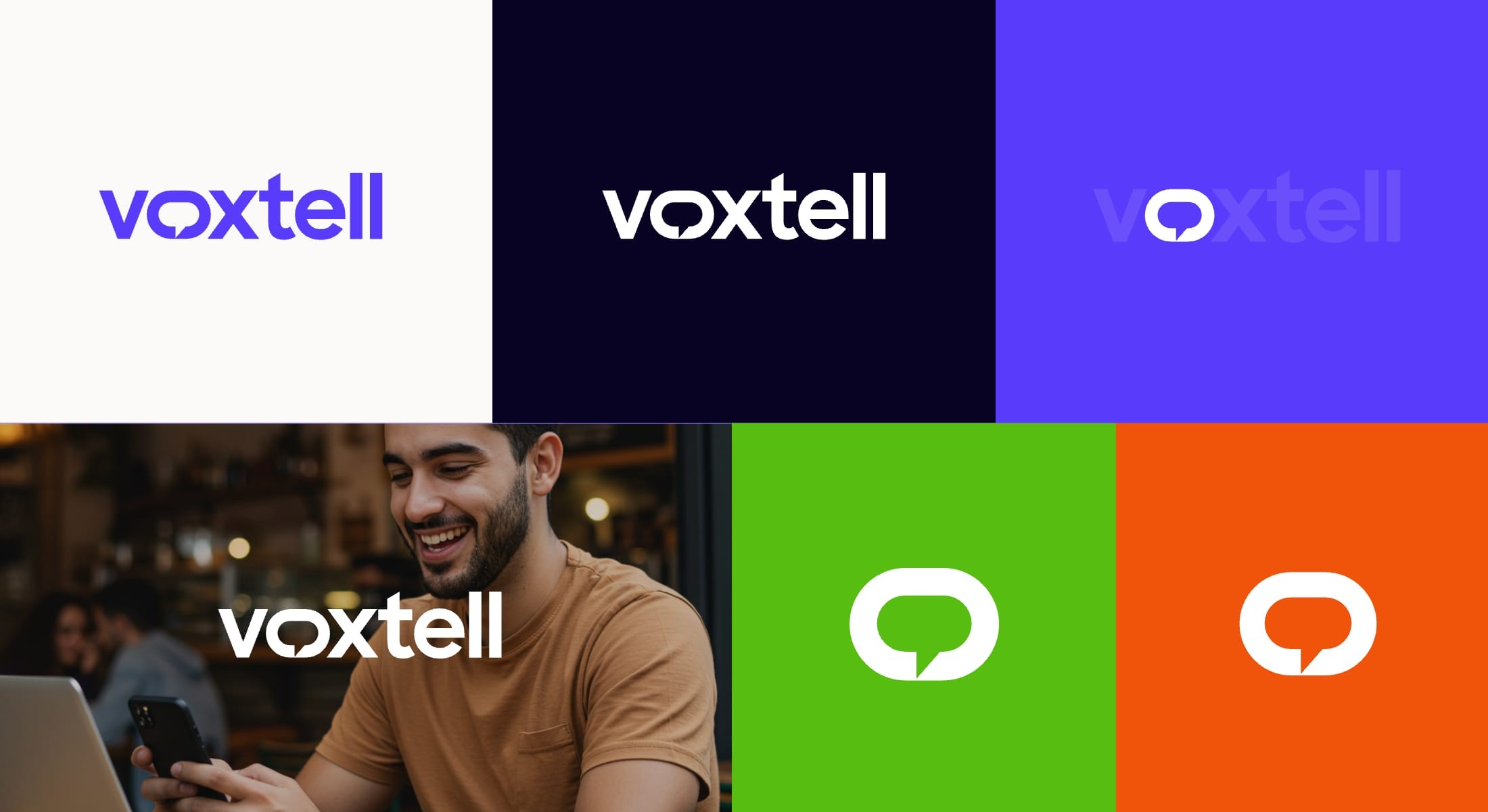 Voxtell logo lockups on white, indigo and purple, with the speech-bubble icon in green and orange