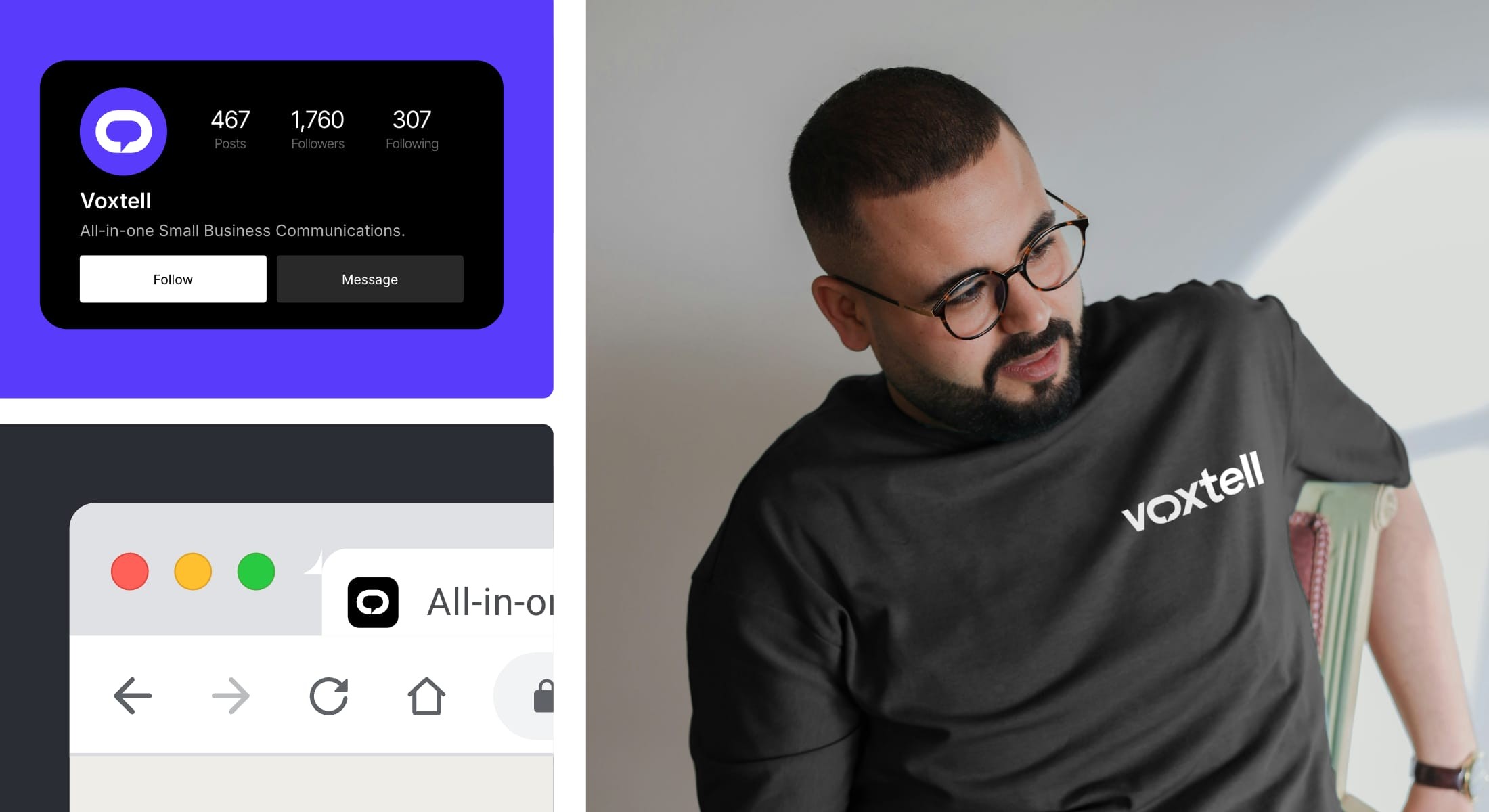 Voxtell social profile and branded t-shirt