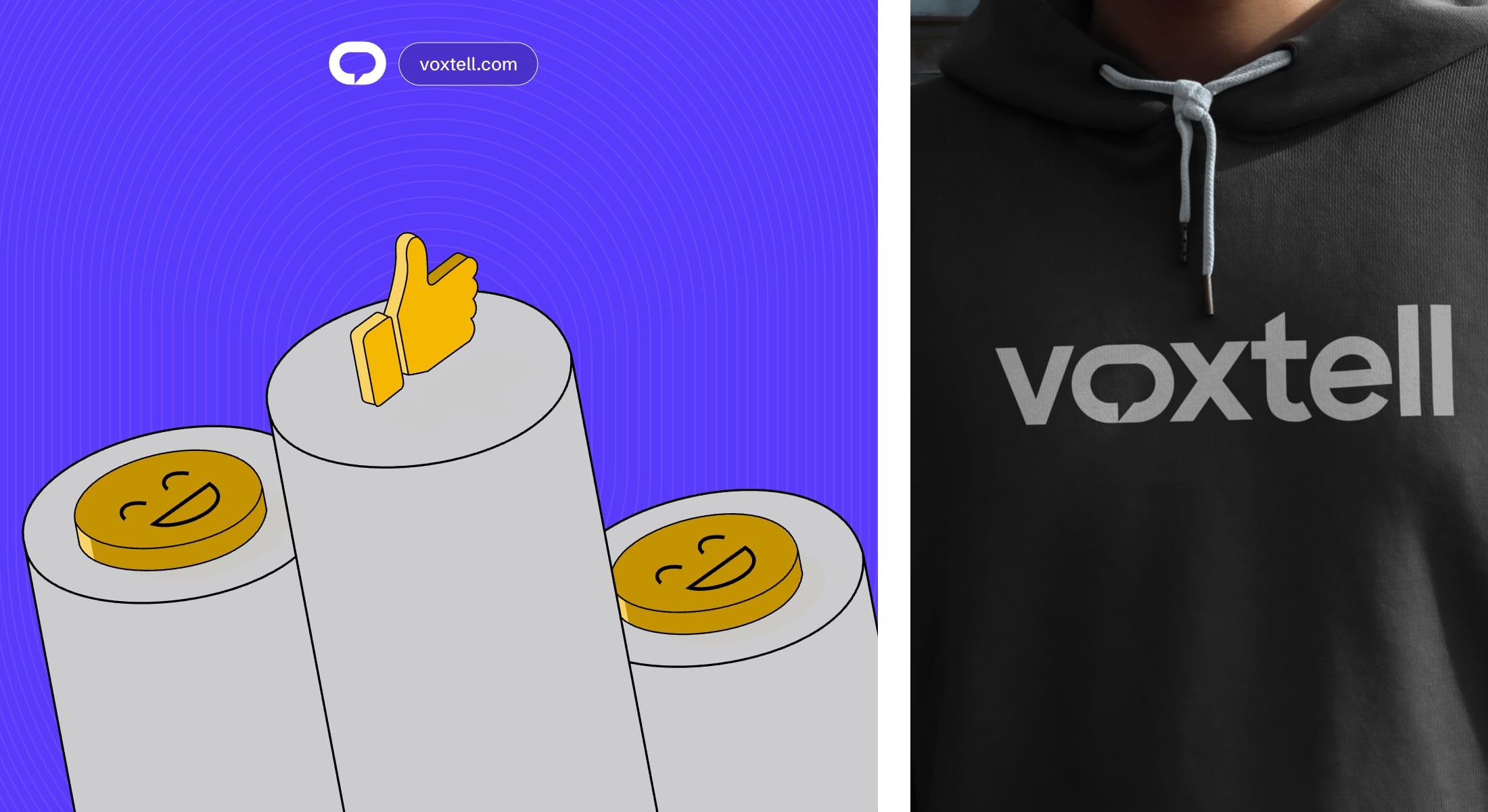 Illustrated coins and a Voxtell hoodie
