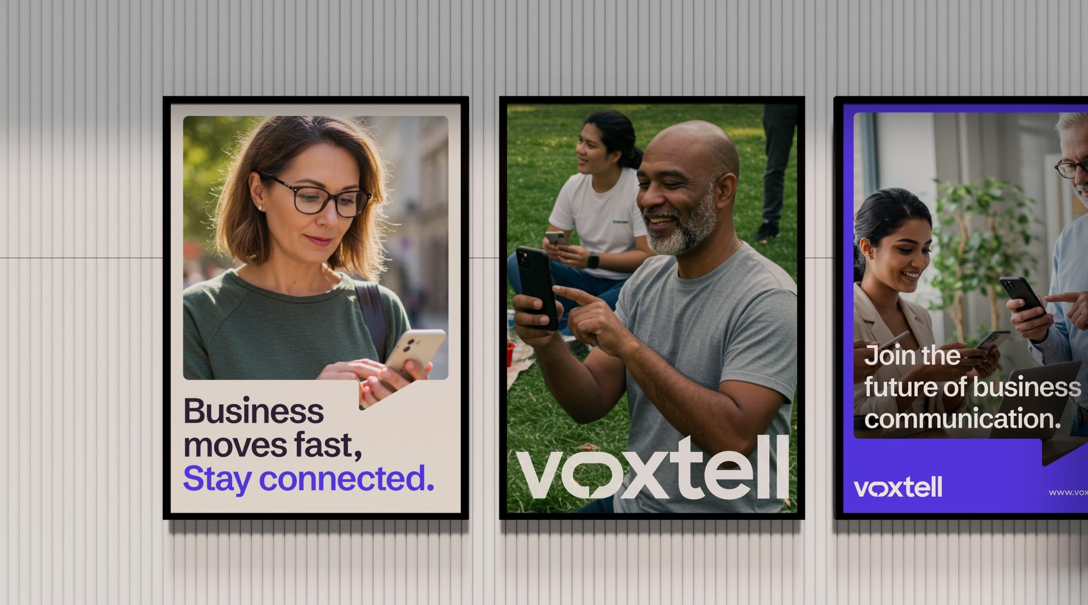 Three Voxtell posters in a gallery hallway