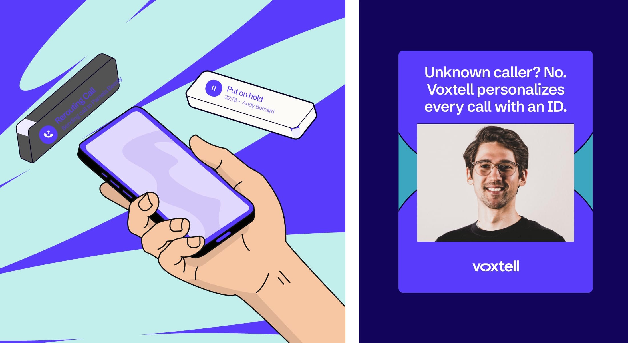 Illustrated phone ad and “Unknown caller? No.” caller-ID post