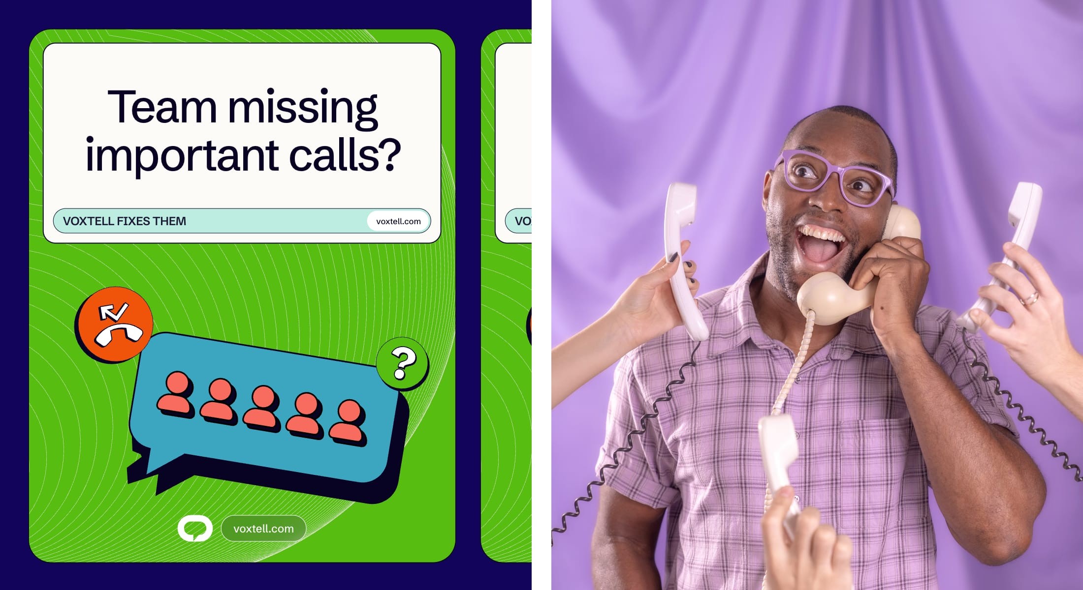 “Team missing important calls?” social ad and a man on two phones