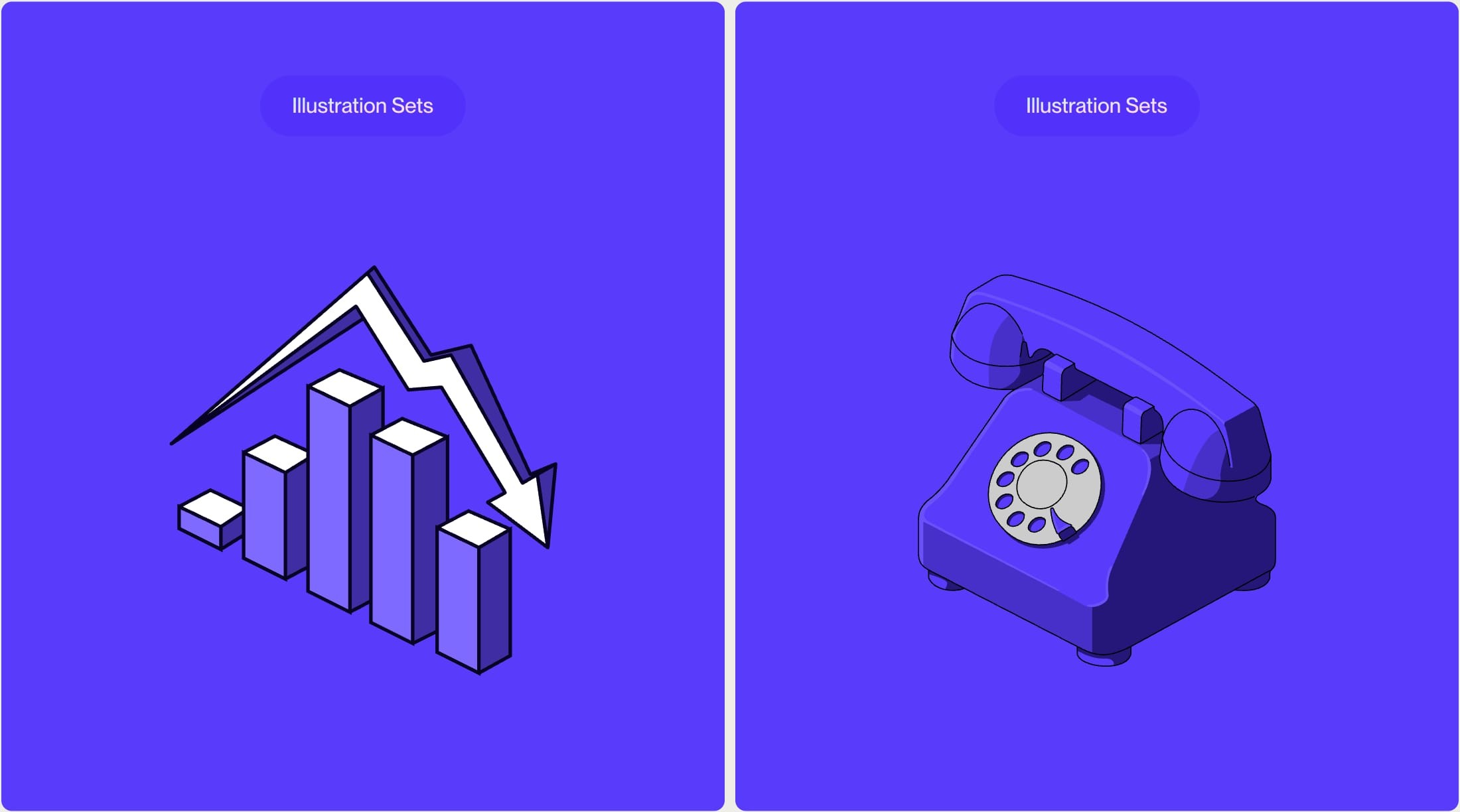Isometric illustrations of a chart and a telephone