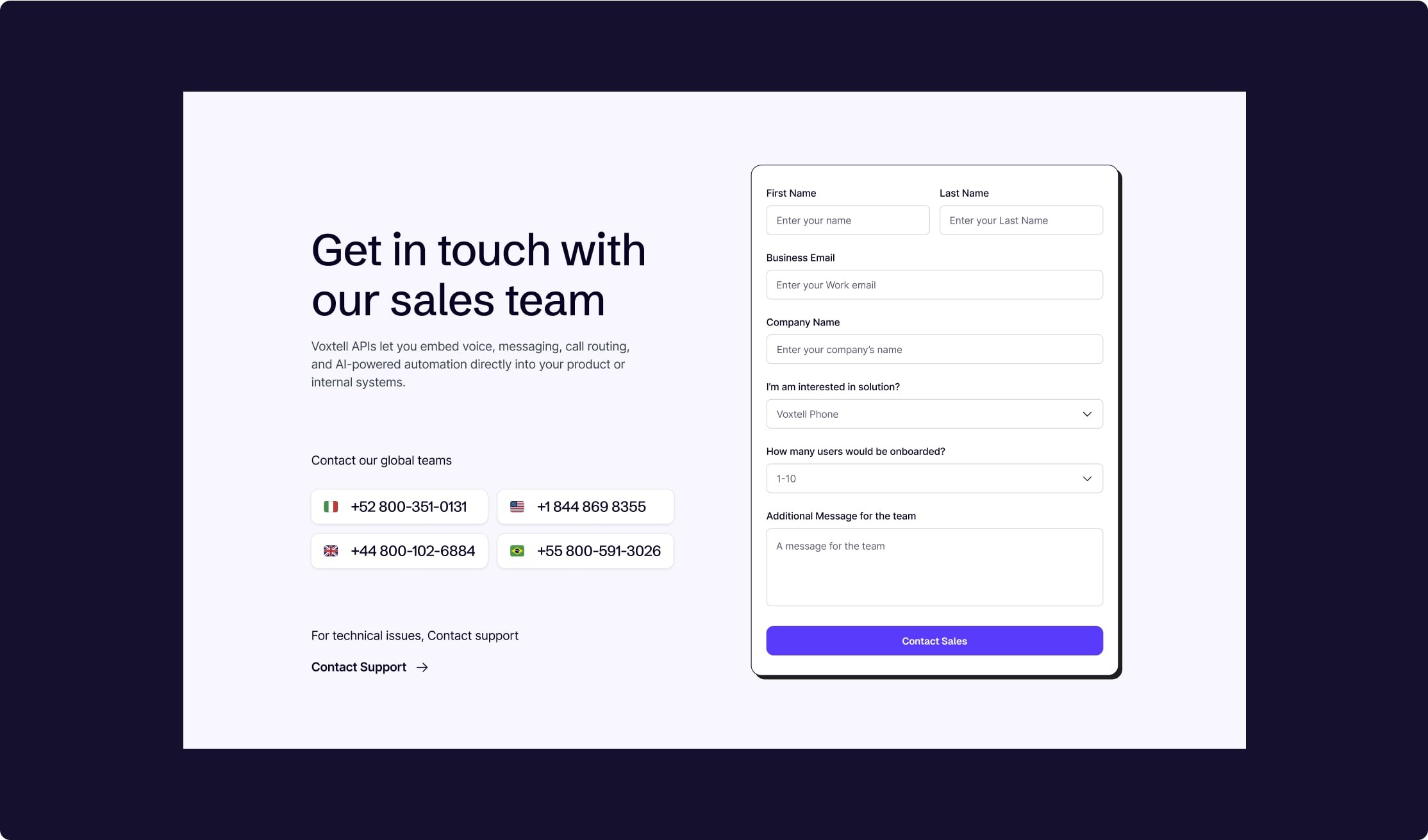 Voxtell “Get in touch with our sales team” page with a lead form