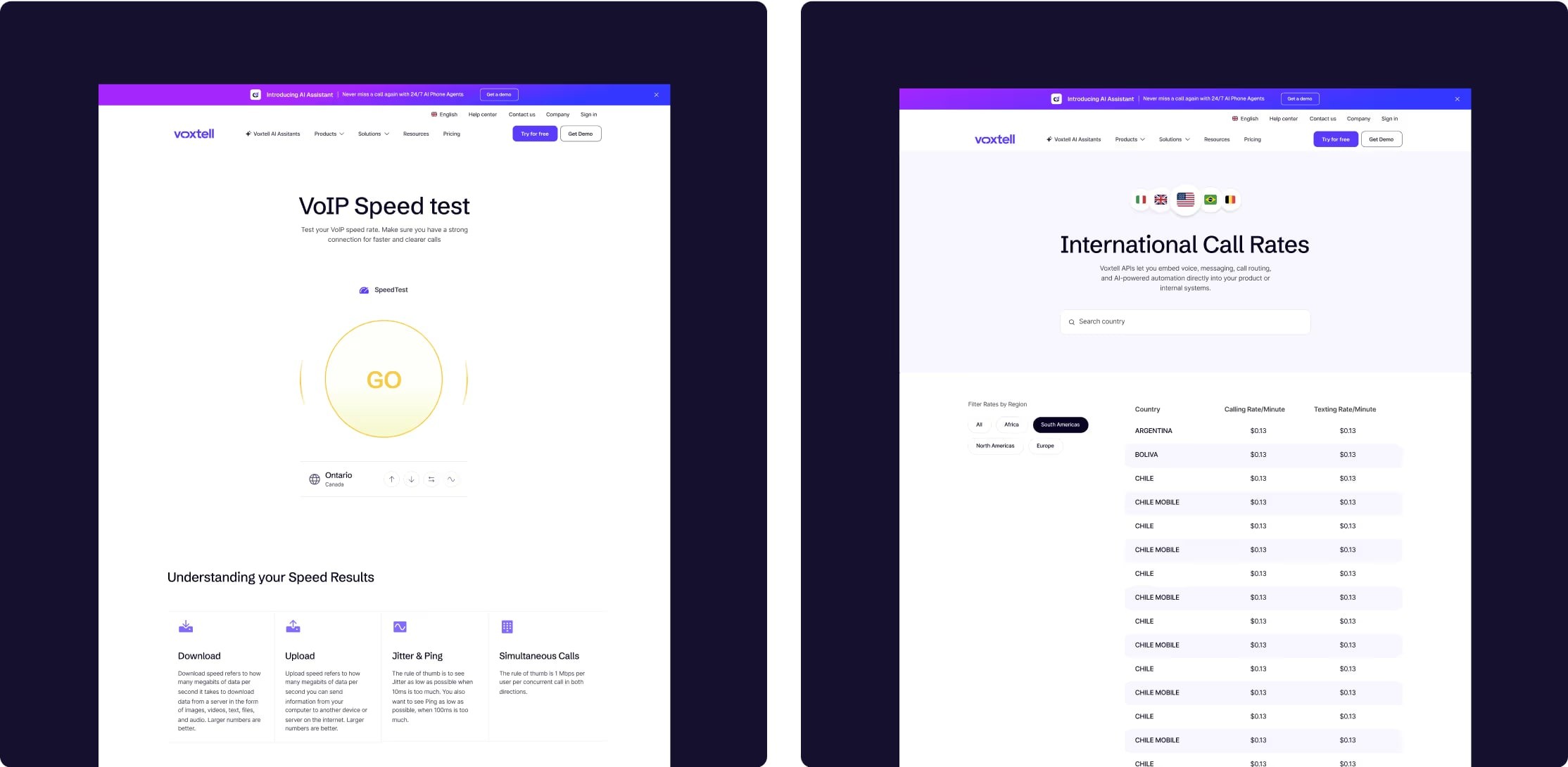 Voxtell VoIP speed test and international call rates pages