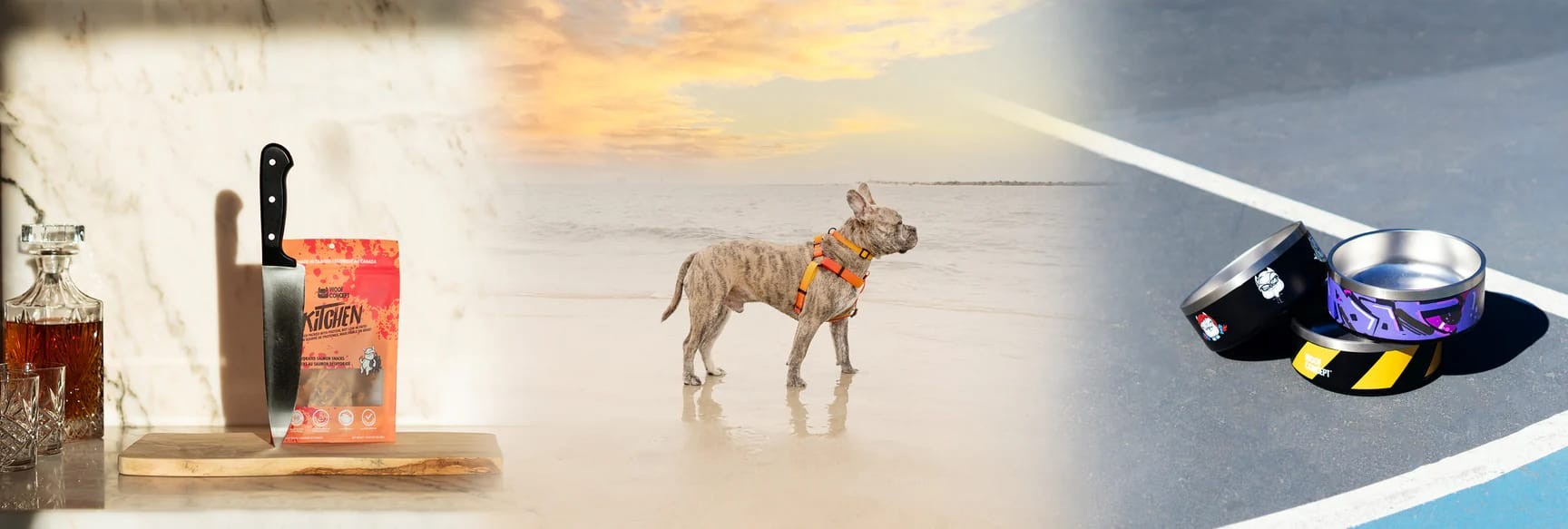 Woof Kitchen treats, a dog on a beach and a dog bowl in one wide banner
