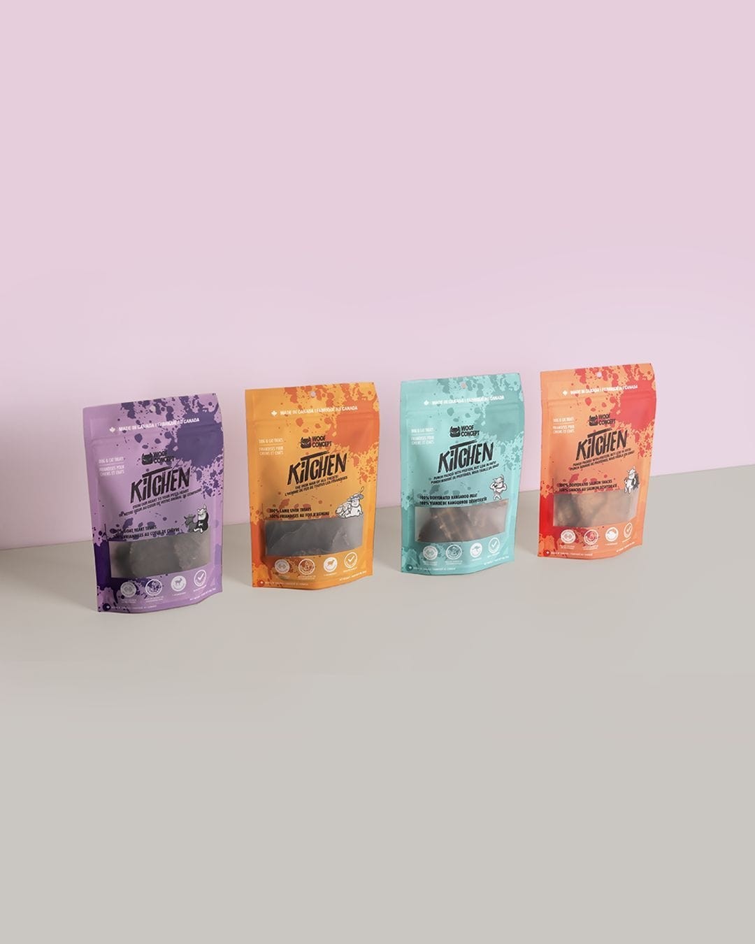 Woof Concept treat packaging, shot for its paid social campaigns