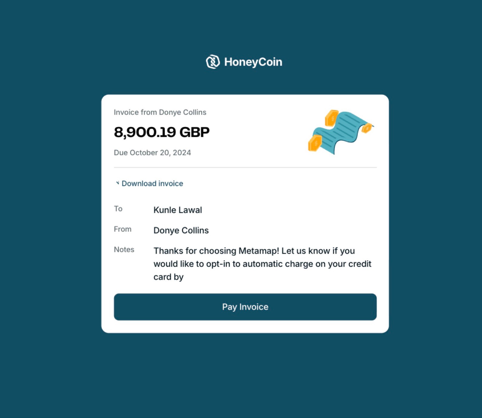 Honeycoin payment invoice screen