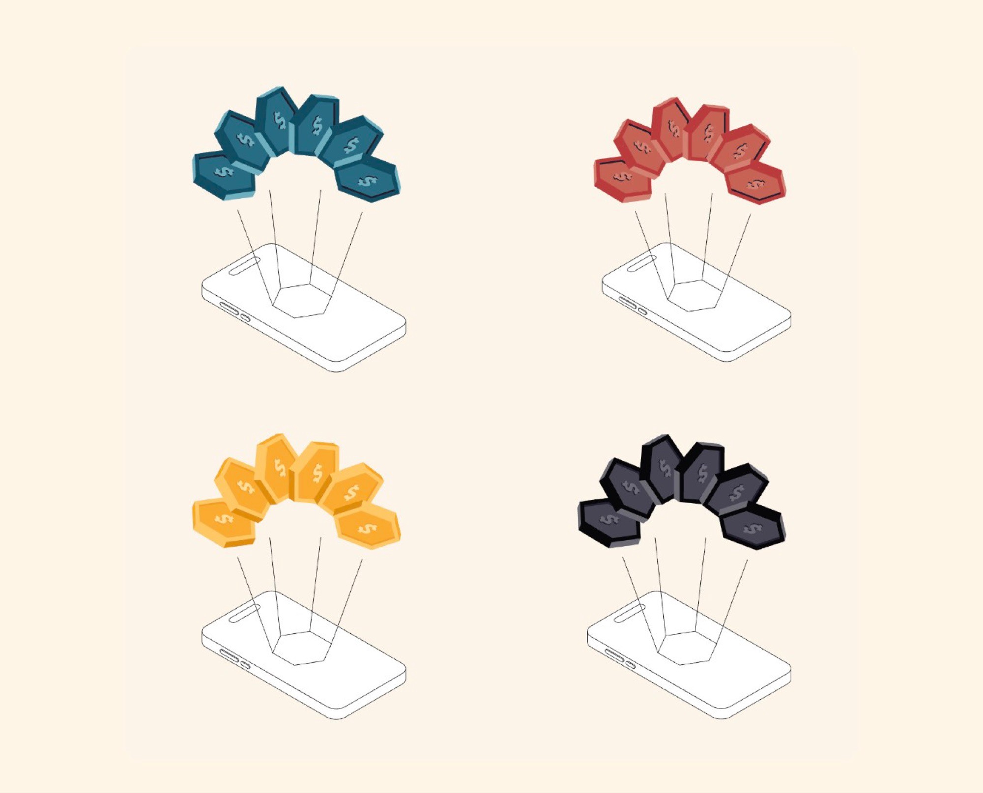 Isometric illustration set of coins and flowers