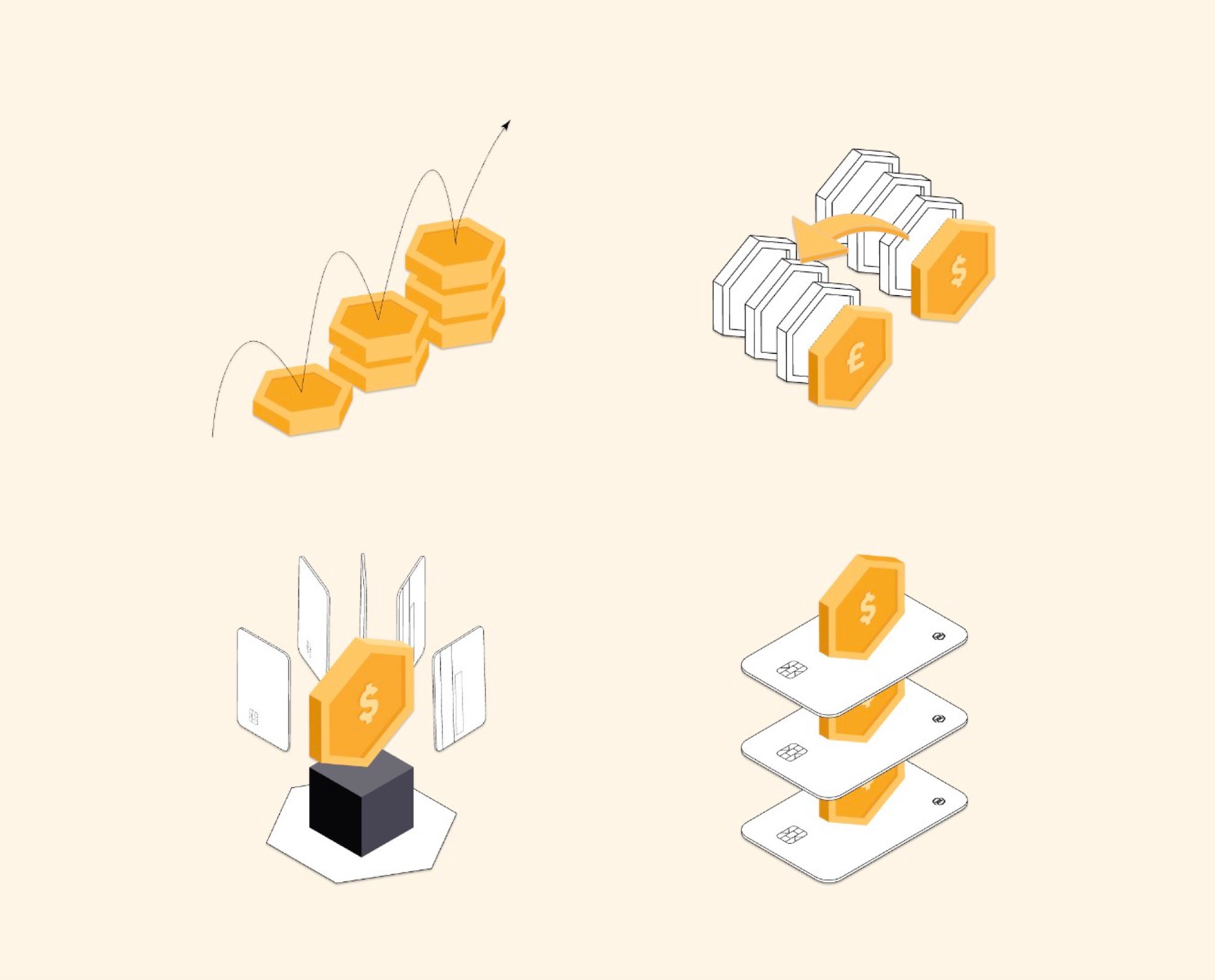 Isometric illustrations of currency icons