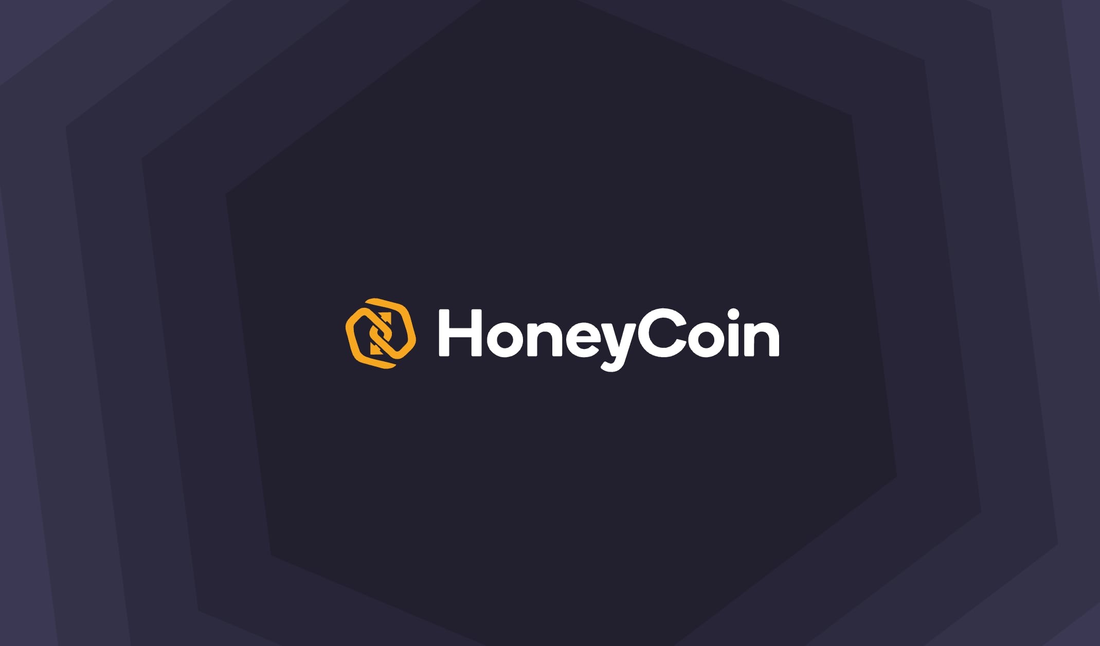 The refreshed Honeycoin logo on a deep navy hexagon pattern