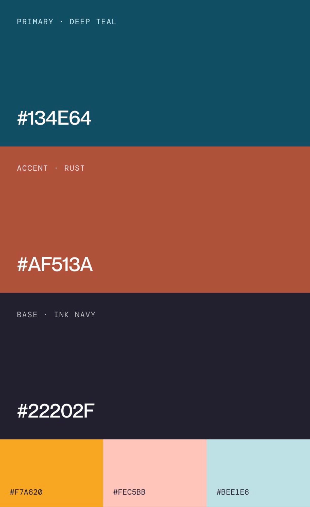 Colour palette: navy #134E64, terracotta #AF513A and ink #22202F