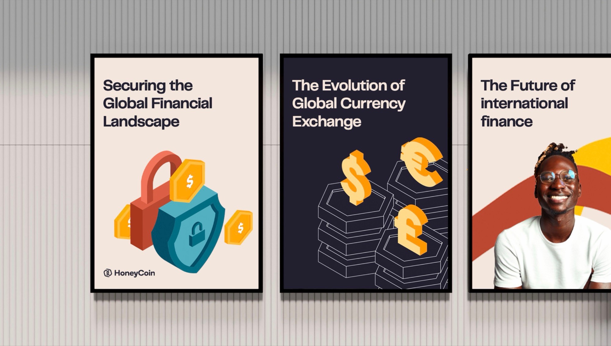 Three Honeycoin posters on a gallery wall