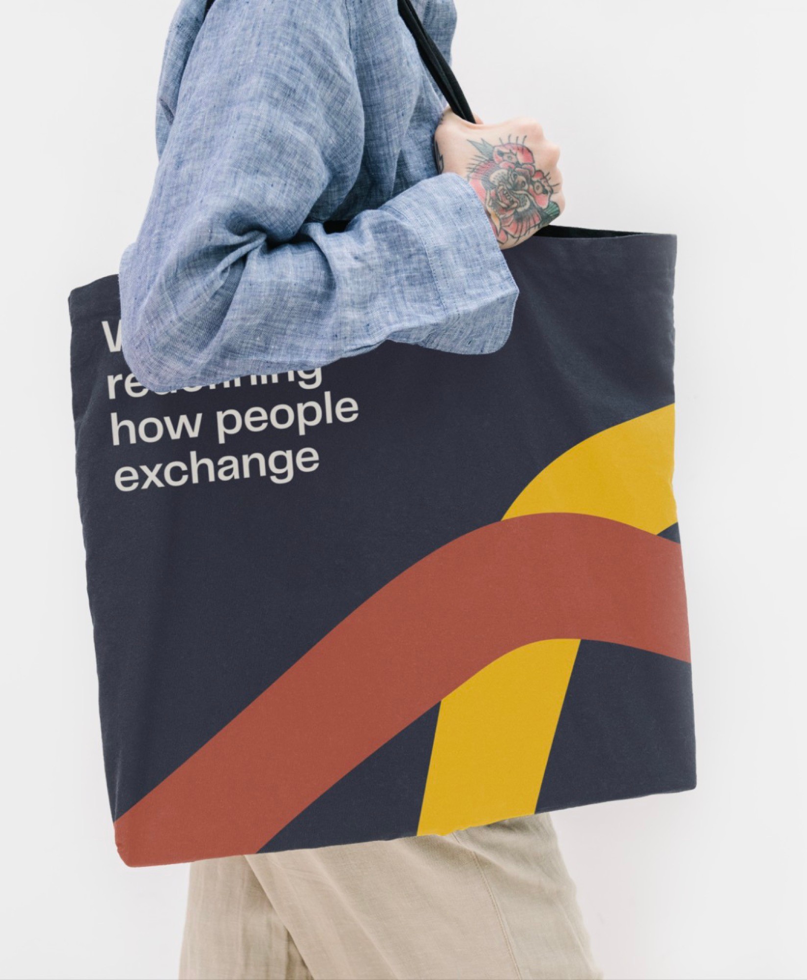 Honeycoin tote bag carried on the street