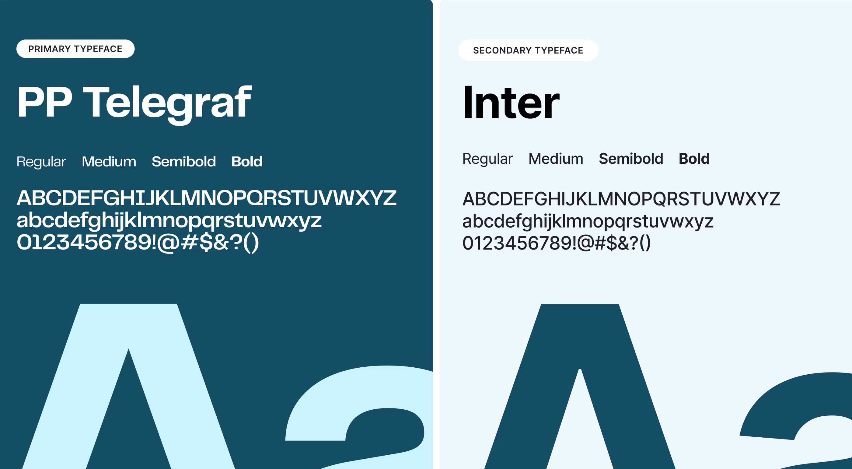 Typography: PP Telegraf as primary typeface and Inter as secondary