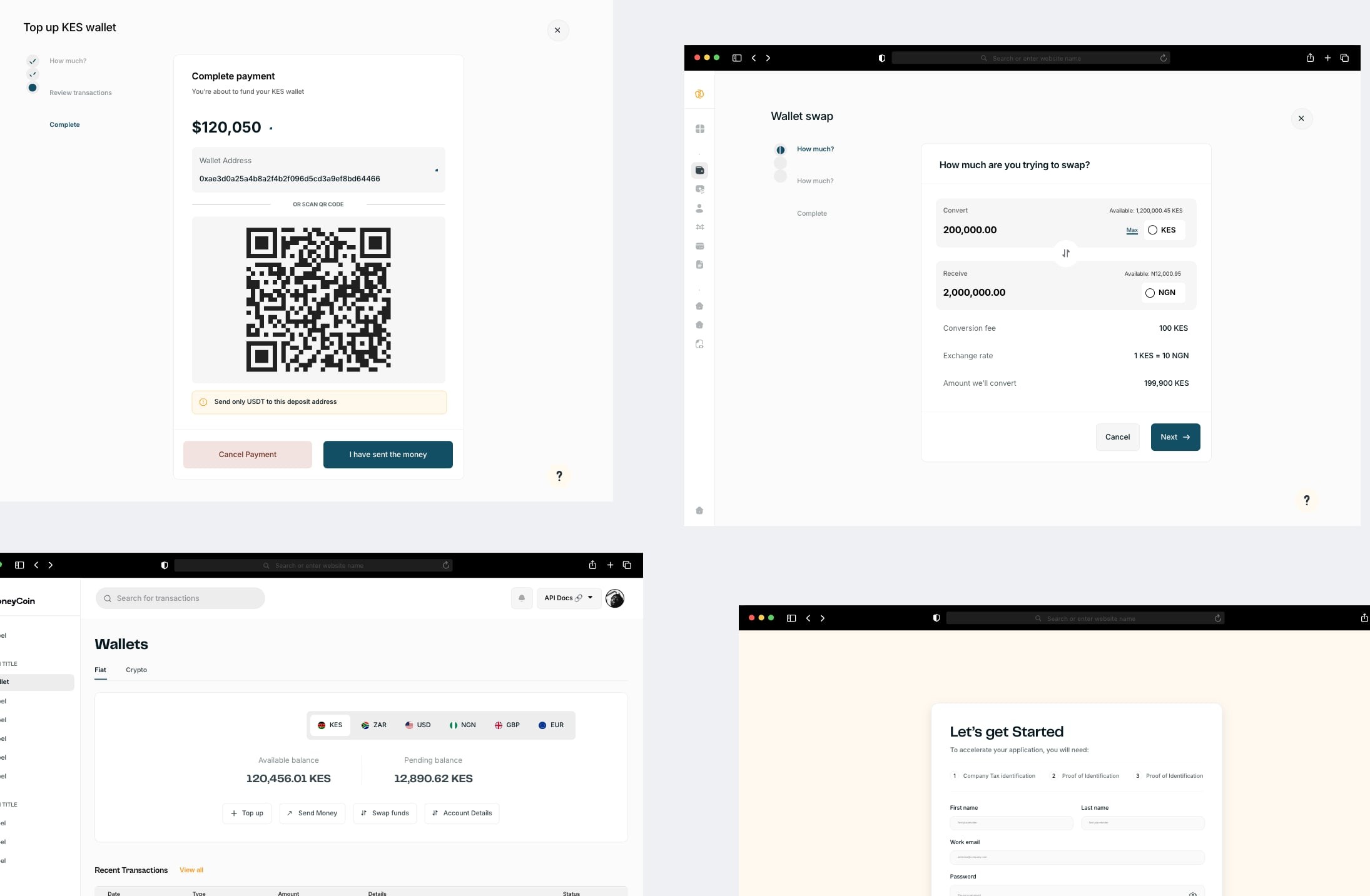 Collage of payment, wallet and onboarding flows