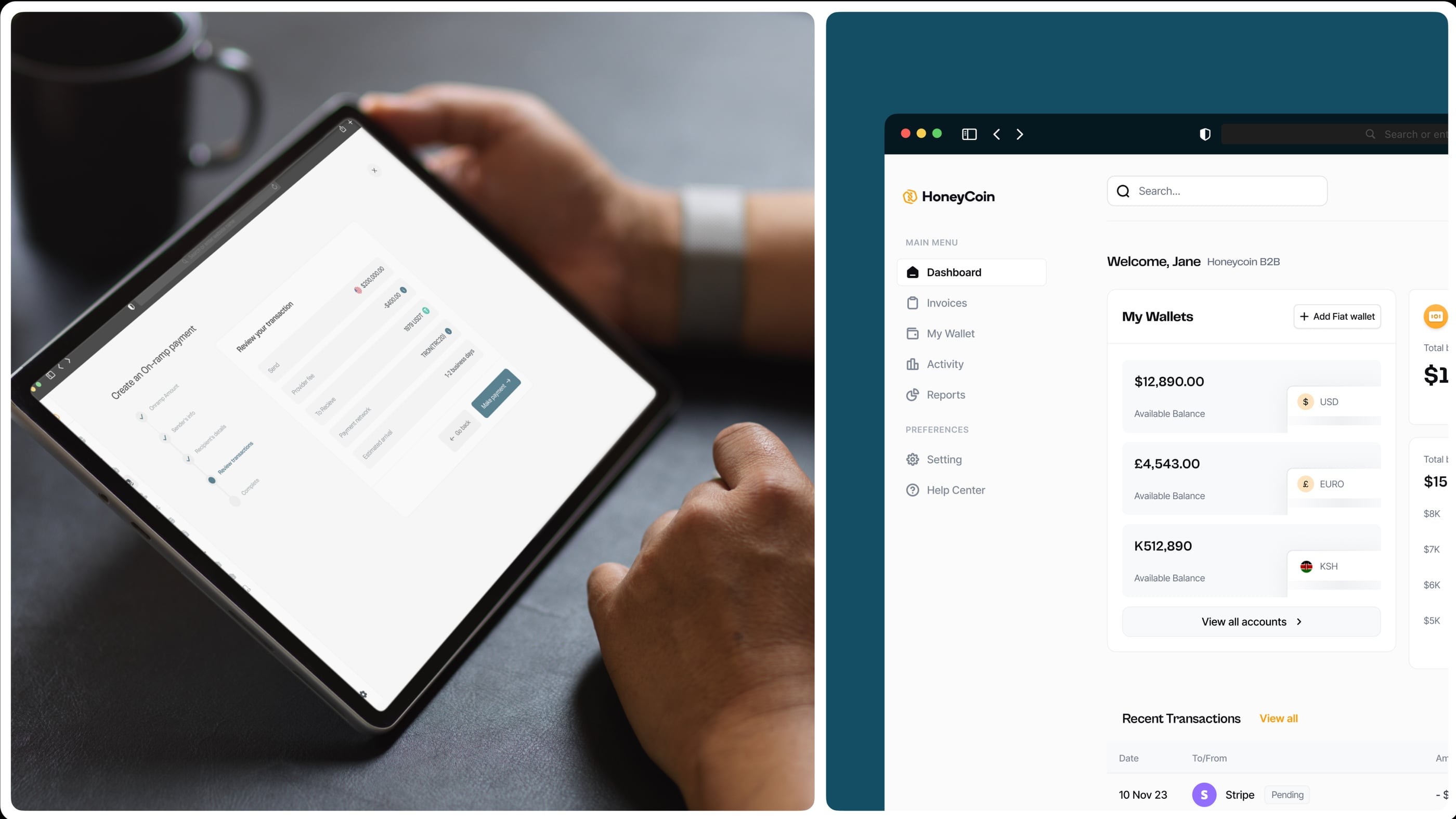 Honeycoin dashboard on an iPad and desktop