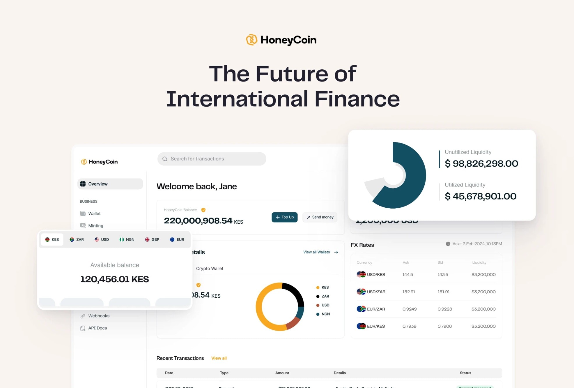 Honeycoin dashboard overview with wallet balances and liquidity: The Future of International Finance