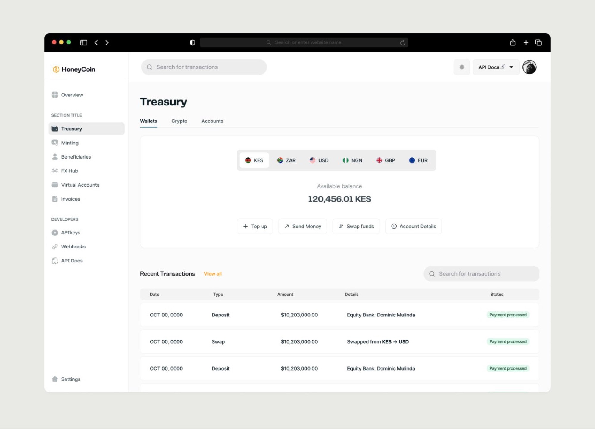 Treasury wallets screen