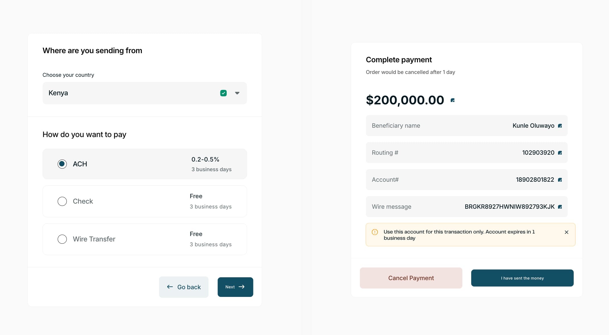 Send money flow: destination, method and confirmation