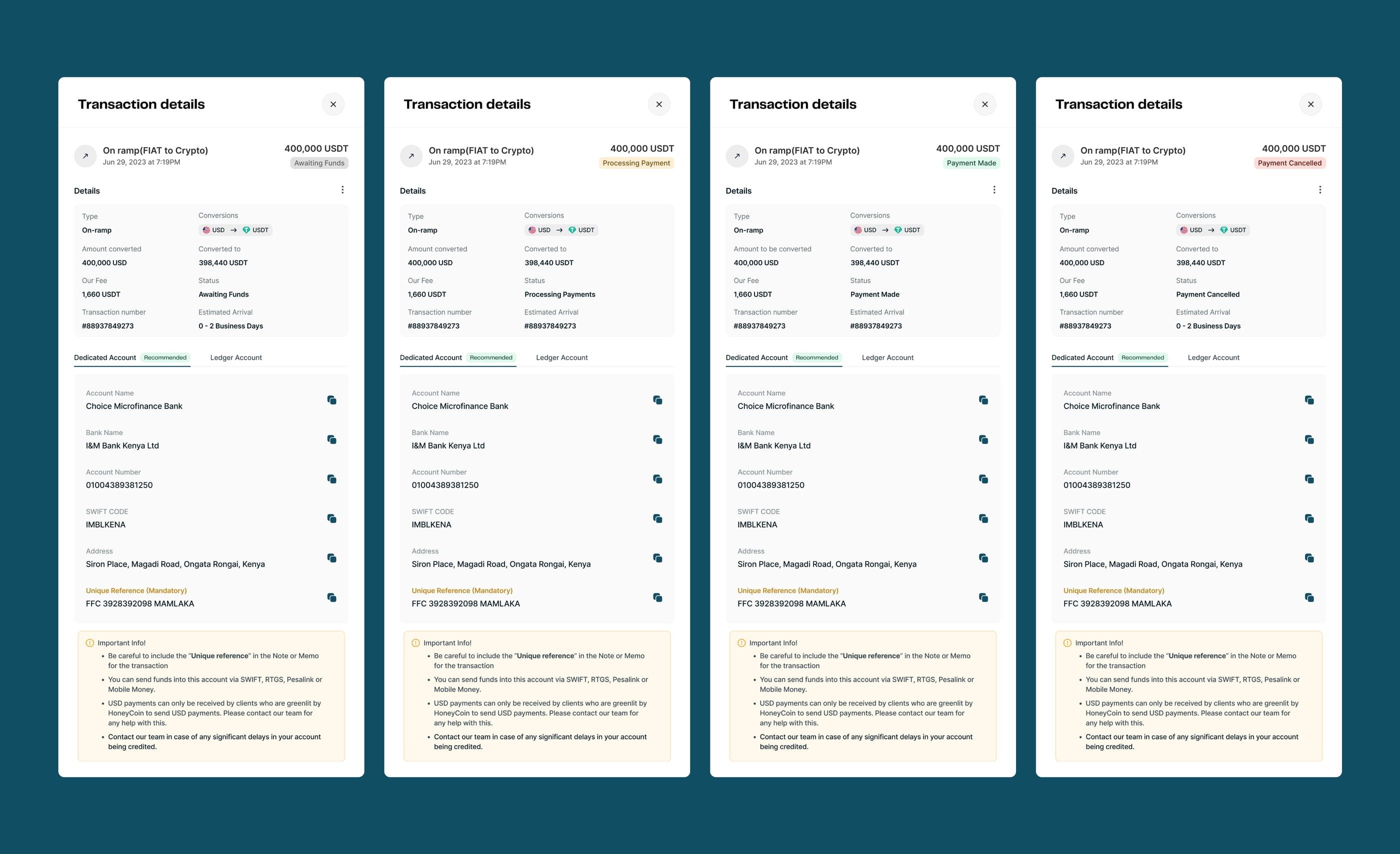 Transaction status screens