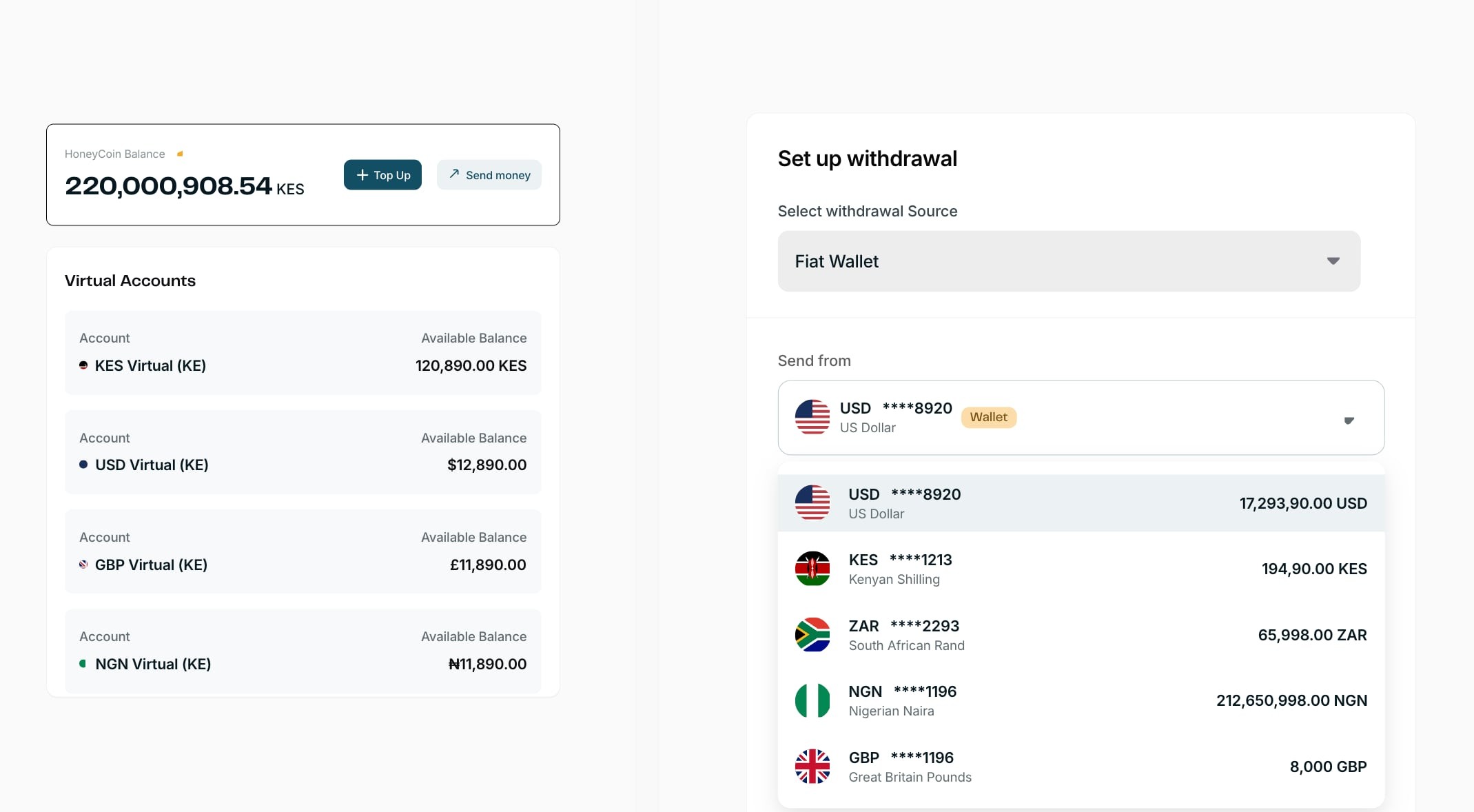 Virtual accounts and withdrawal setup
