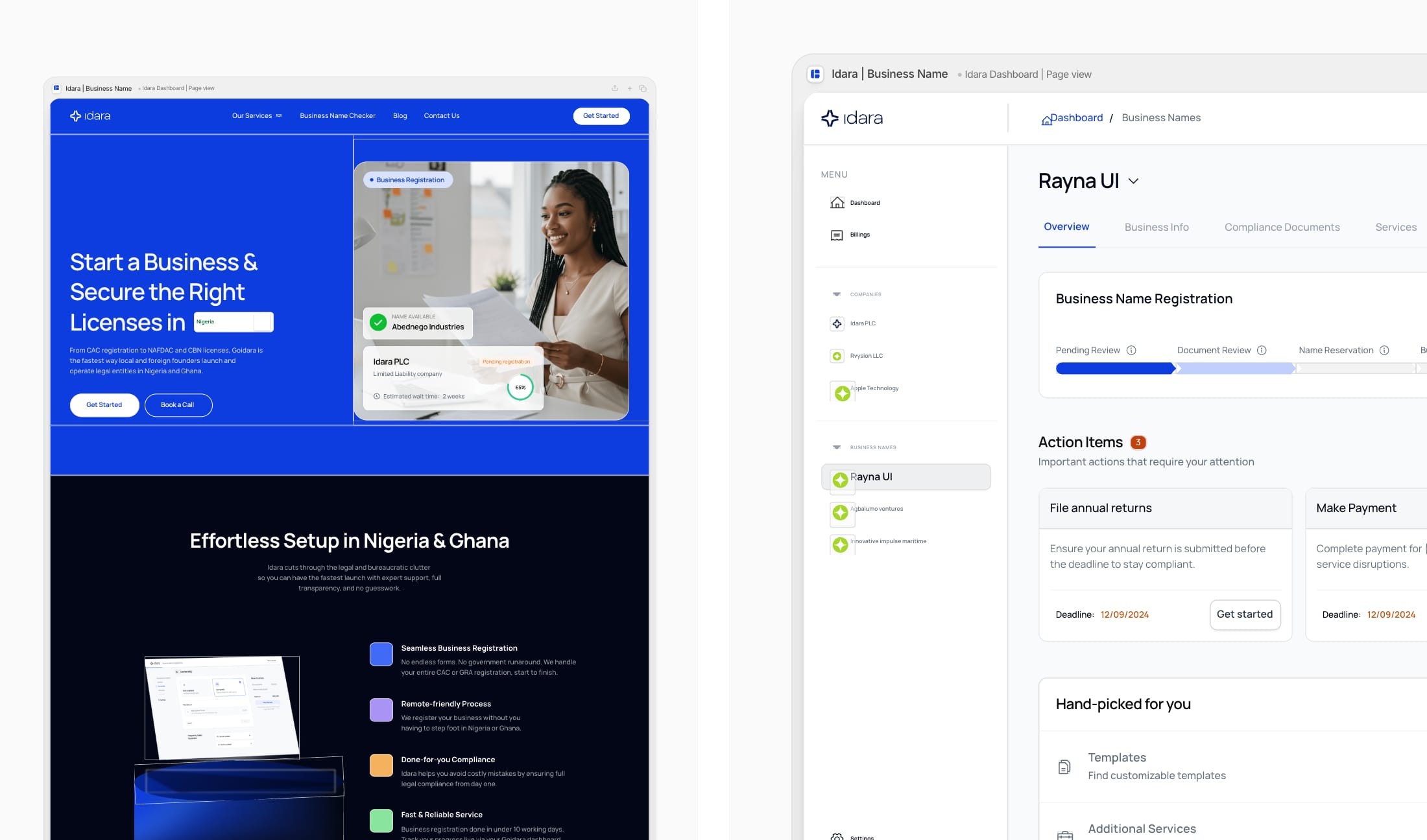 Idara homepage hero beside the web app
