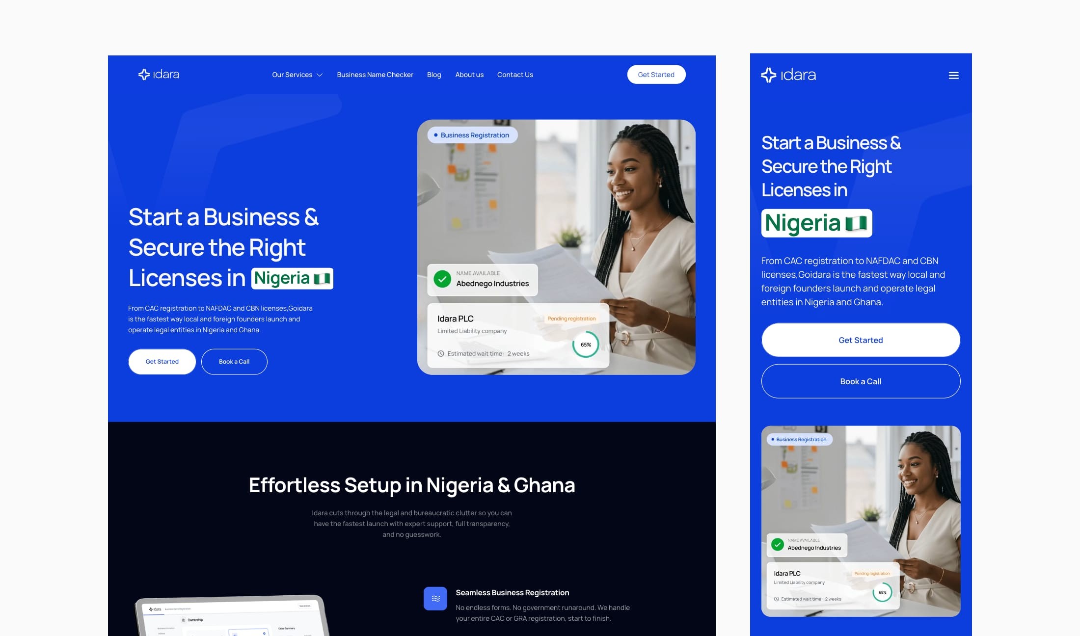 Homepage on desktop and mobile: “Start a business & secure the right licences in Nigeria”