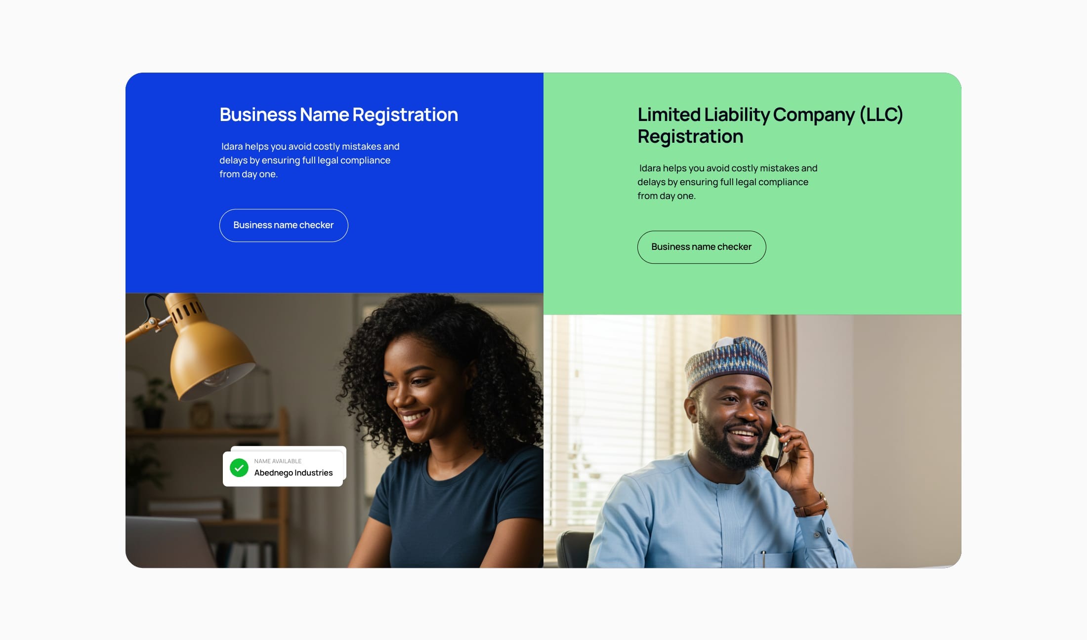 Idara website pages for business name and LLC registration