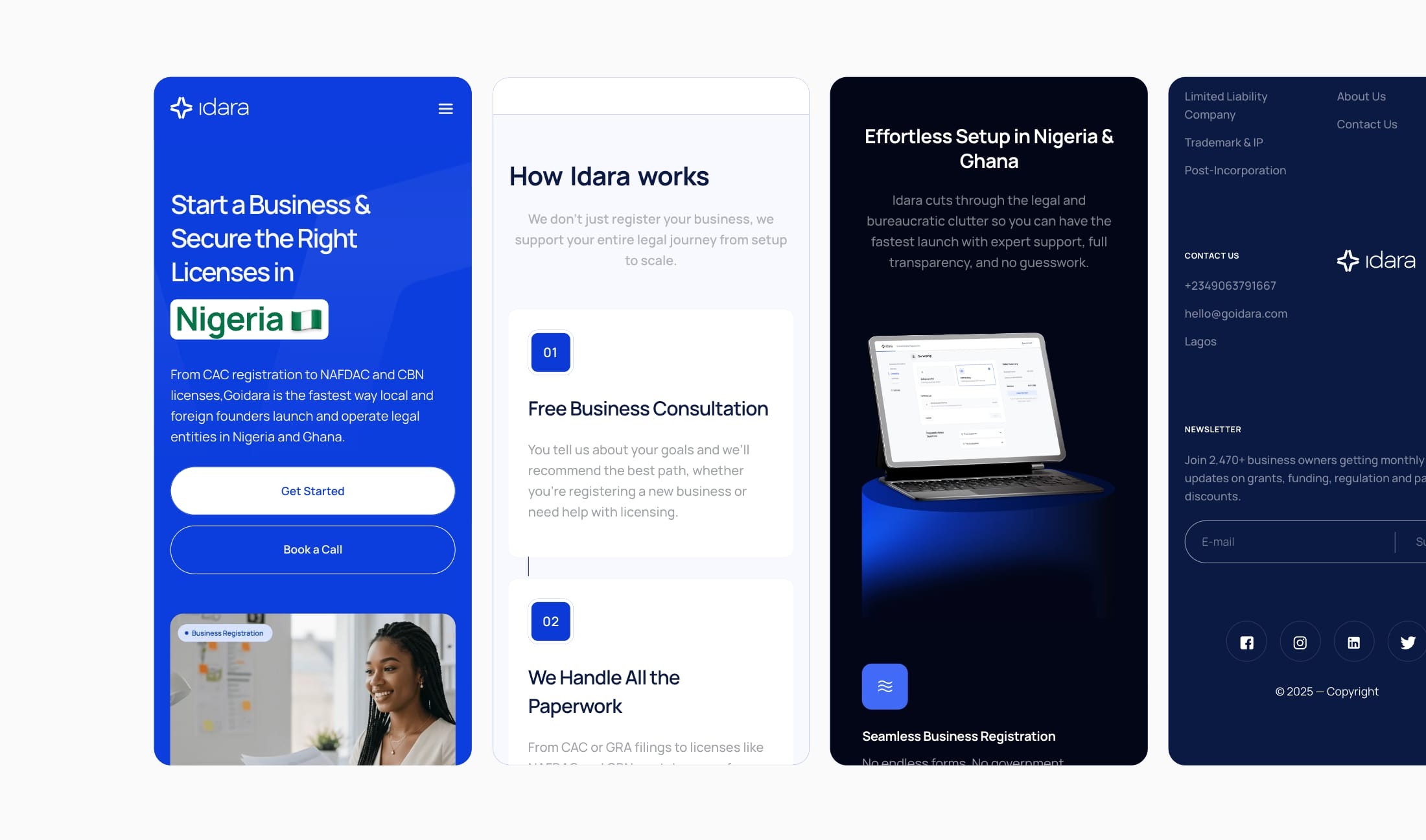 Website pages: how Idara works, free consultation and paperwork