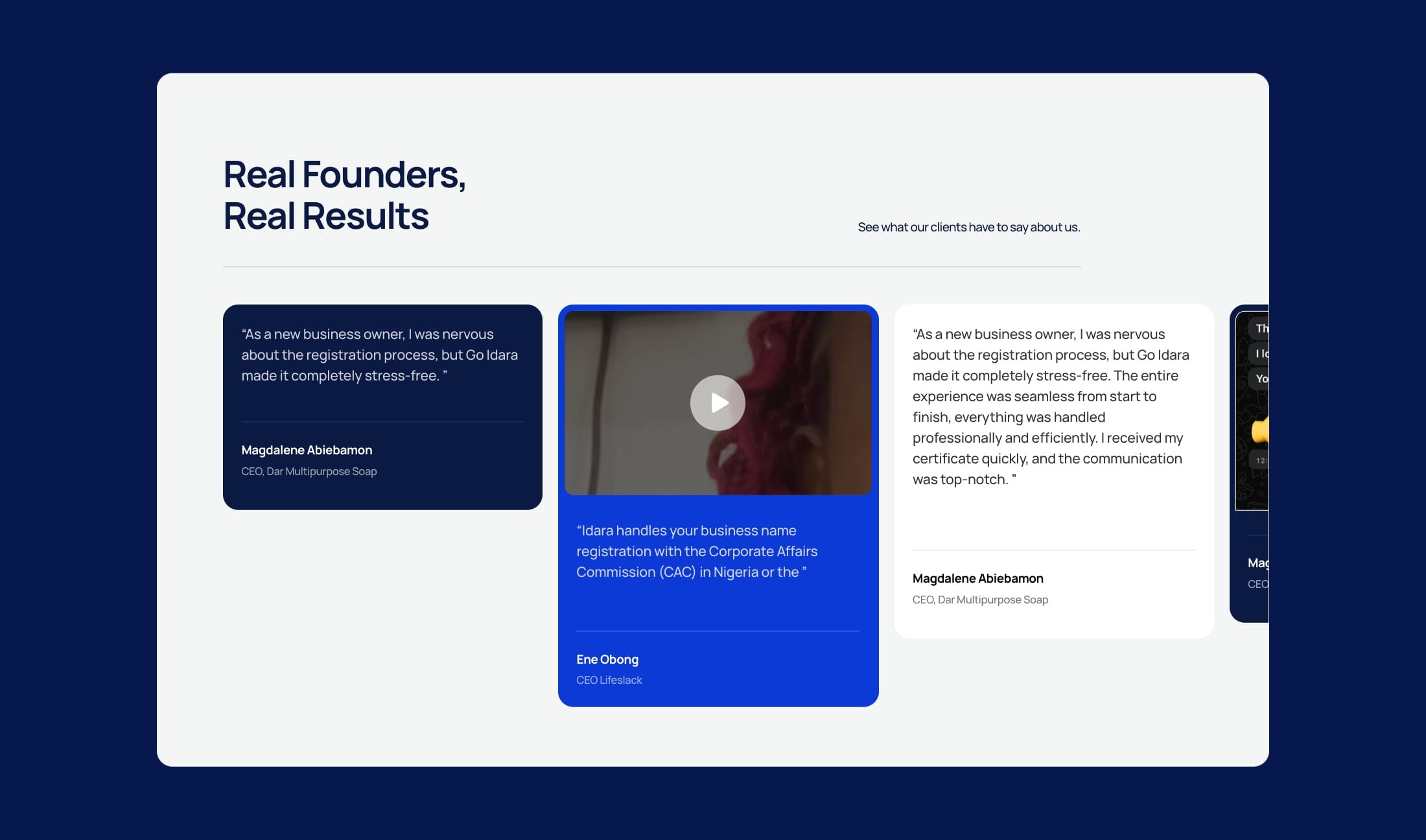“Real founders, real results” testimonials section