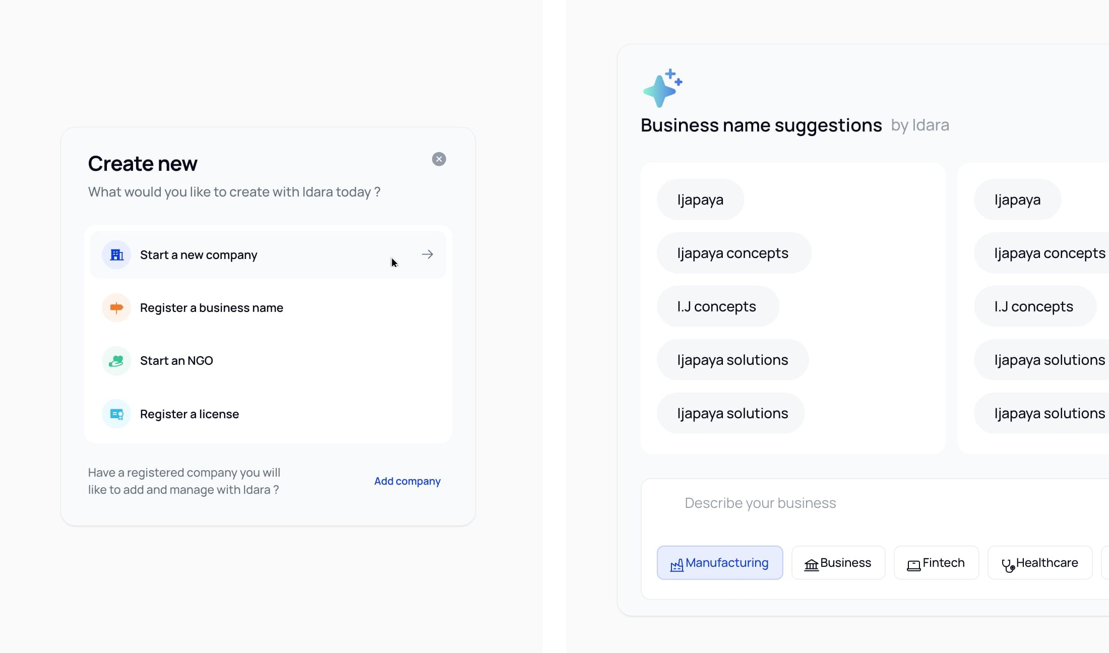 “Create new” menu: start a company, register a name, start an NGO, register a licence