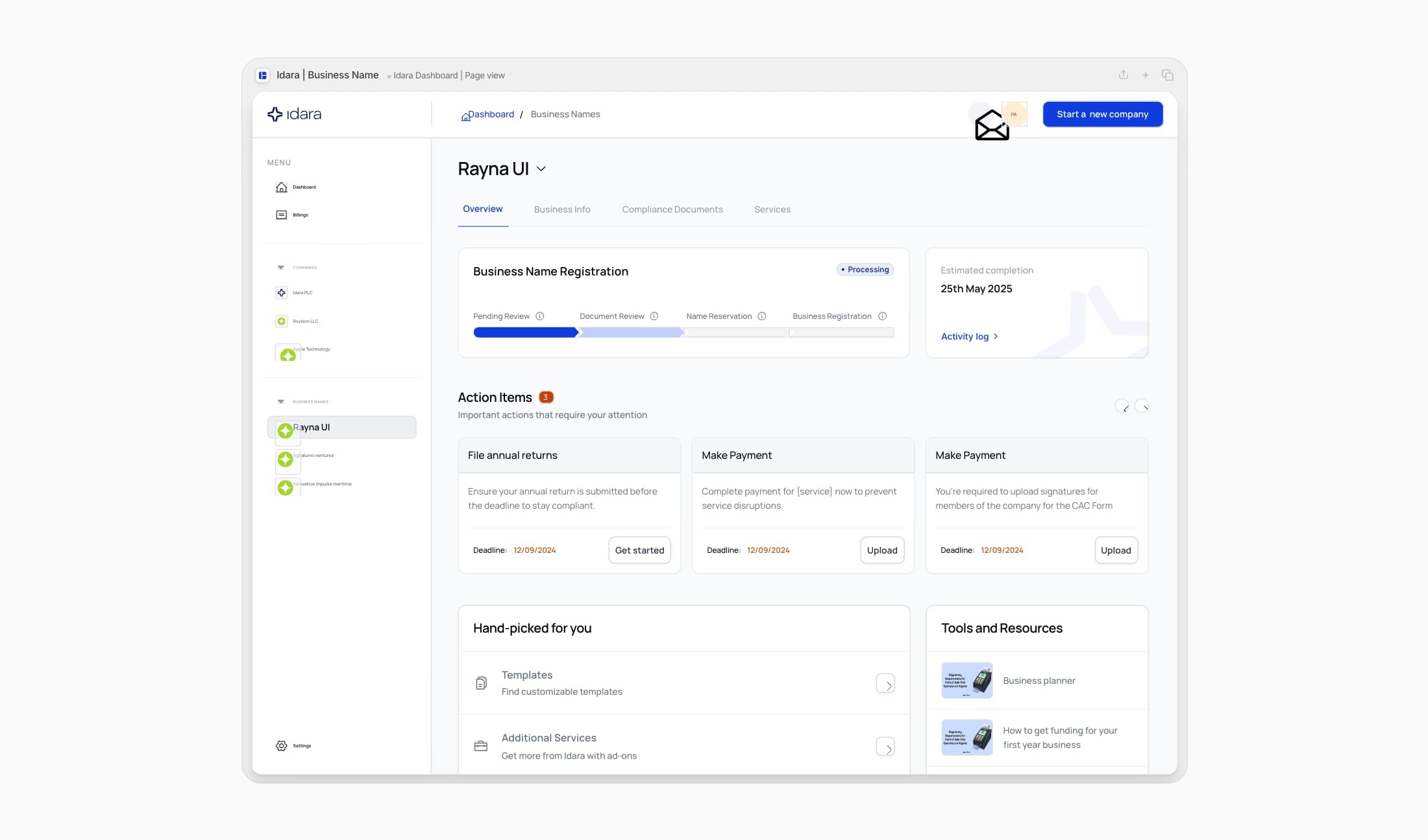 Business name registration progress and action items