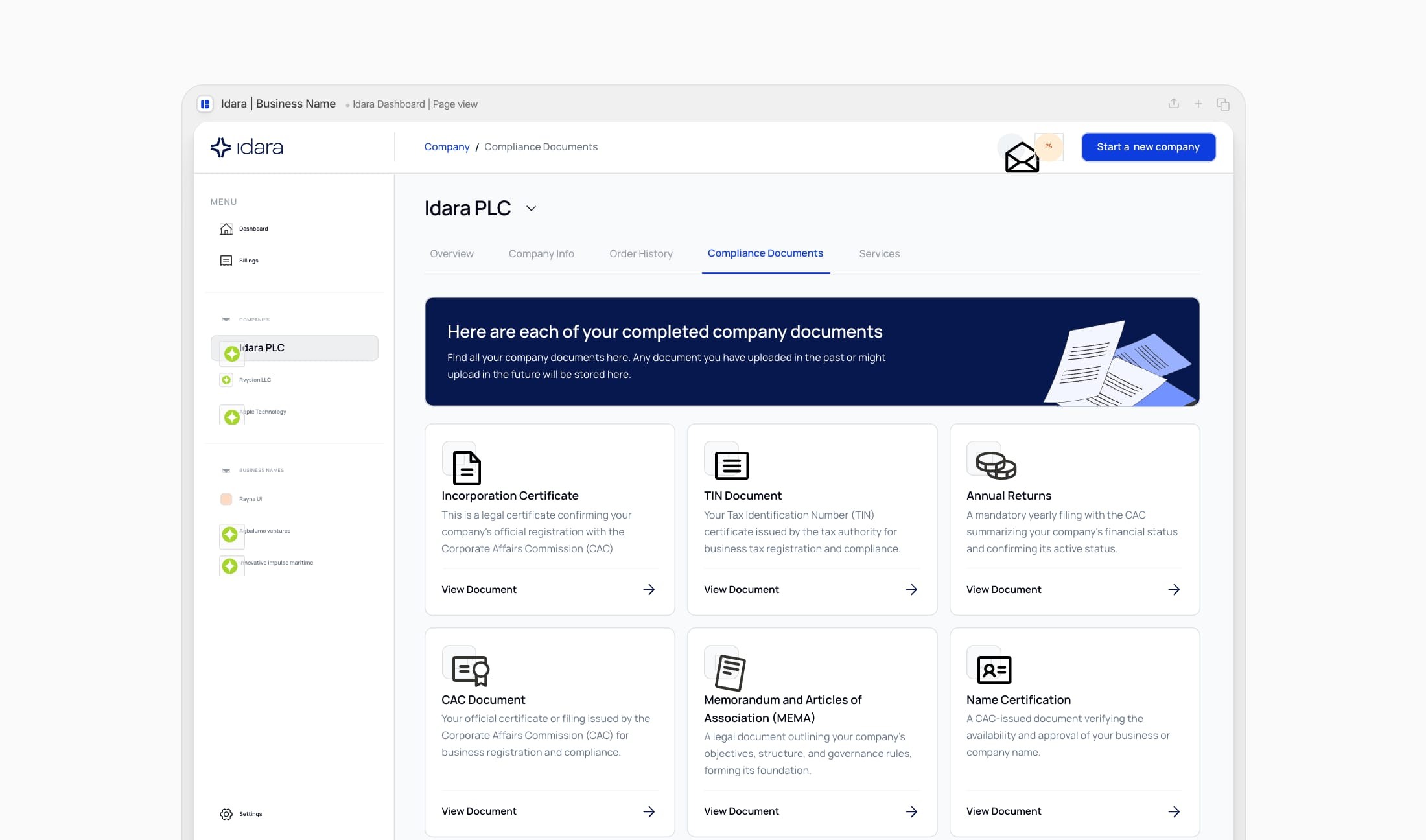 Completed company documents