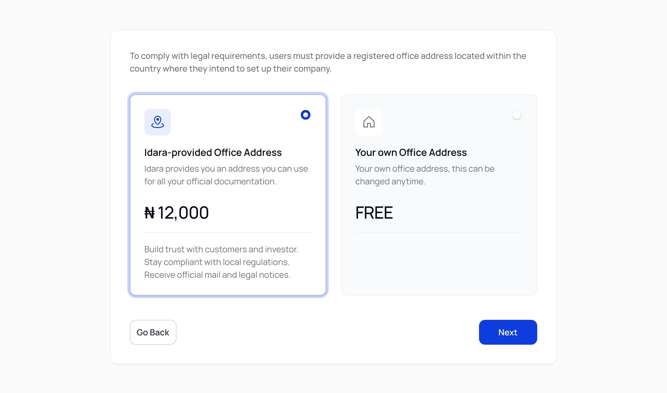 Office address choice: Idara-provided or your own