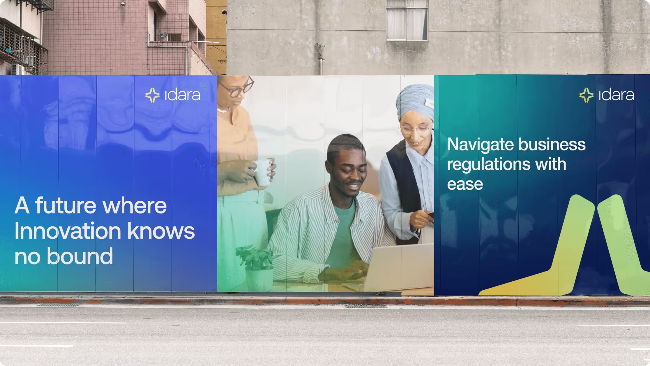 Two Idara billboards: “A future where innovation knows no bound” and “Navigate business regulations with ease”