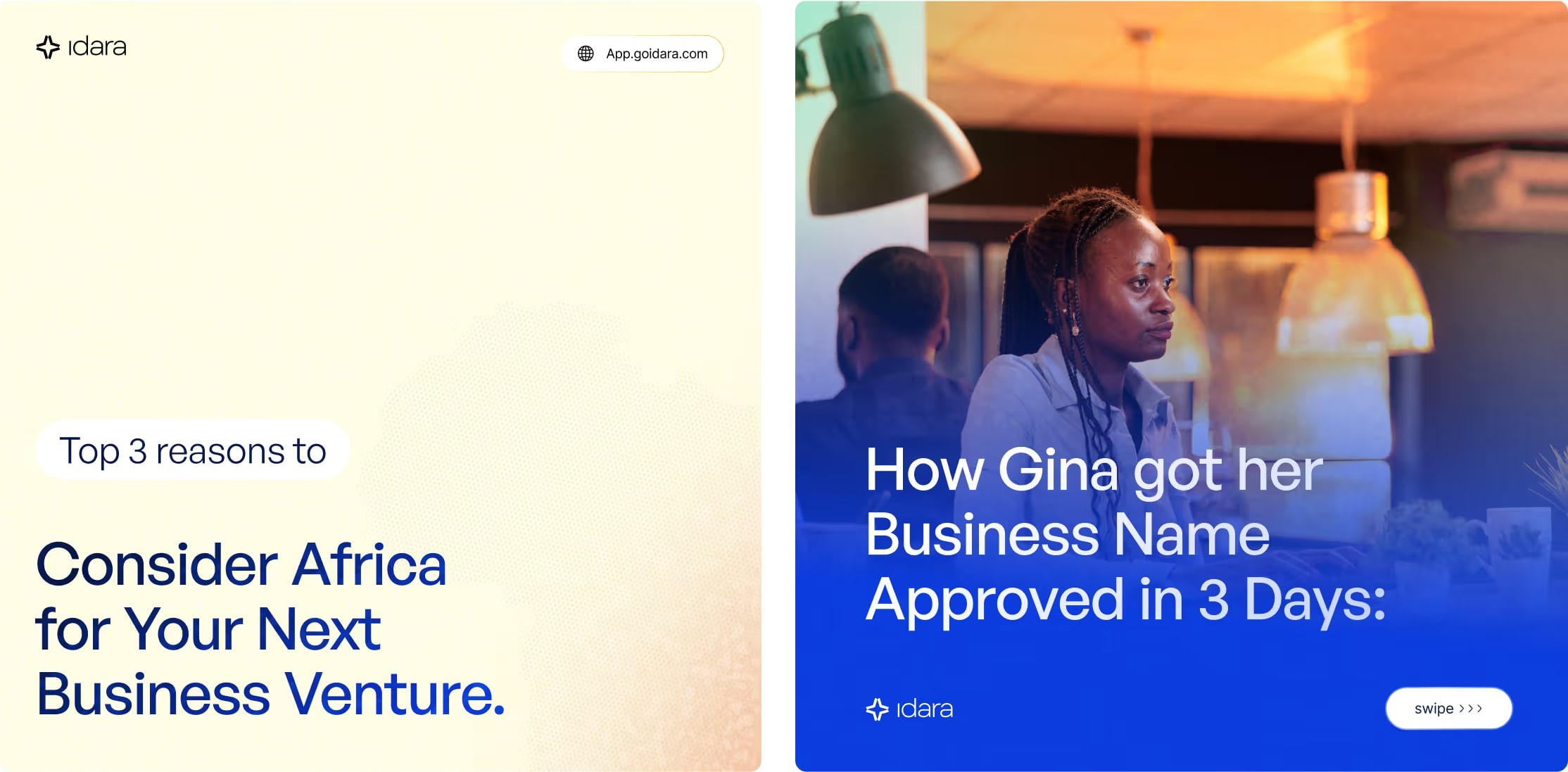 Social posts: “Consider Africa for your next business venture” and a founder story