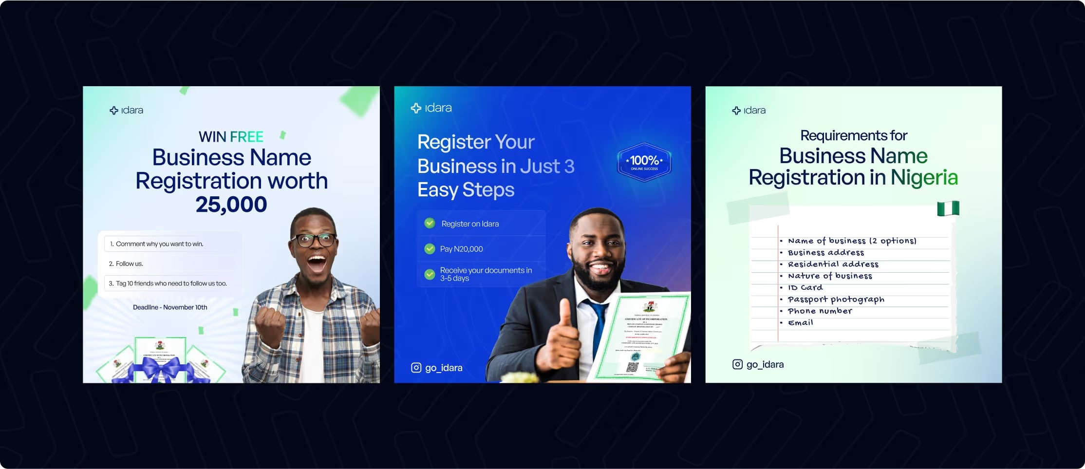 Three social posts promoting business name registration